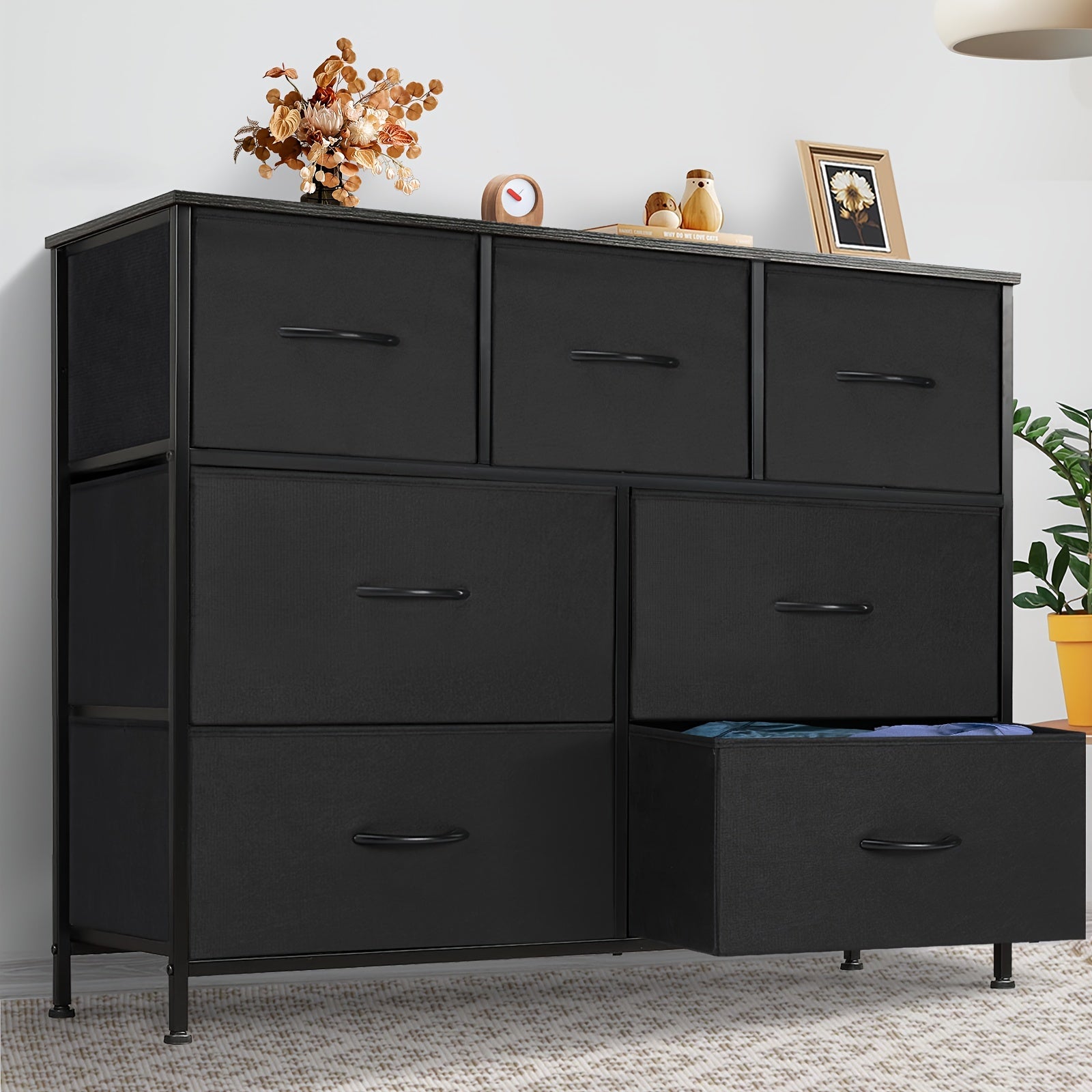 Dresser For Bedroom, Storage Cabinet, Fabric Closet Organizer With 7 Drawers, Dresser With Metal Frame And Wood Tabletop, Chest Storage Tower For Nursery, Living Room, Entryway For Lab Storage