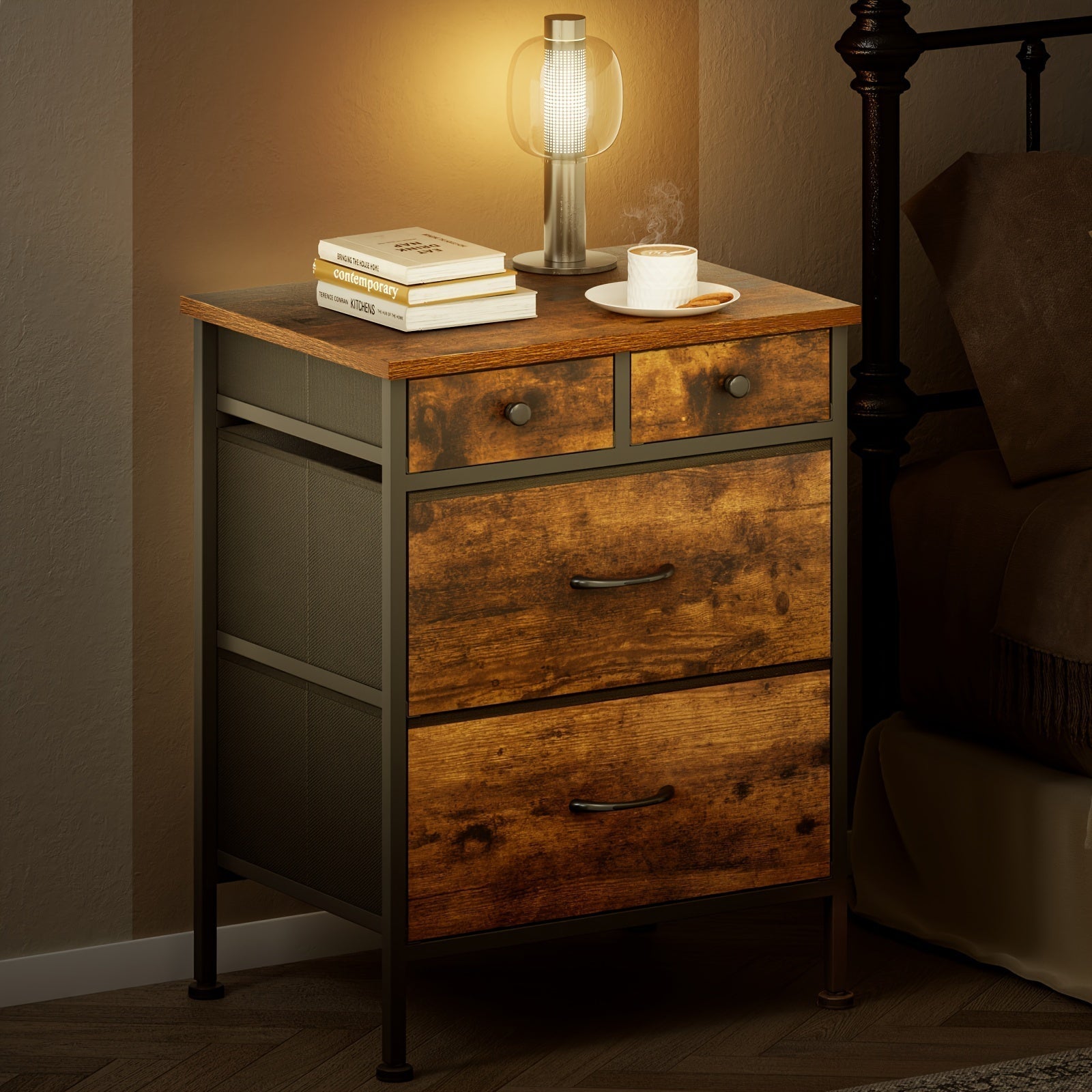 Bedside Table with 4 Drawers Small Storage Cabinet Suitable for Bedroom, Living Room, Coffee Table Side Table Retro Brown Bedside Table