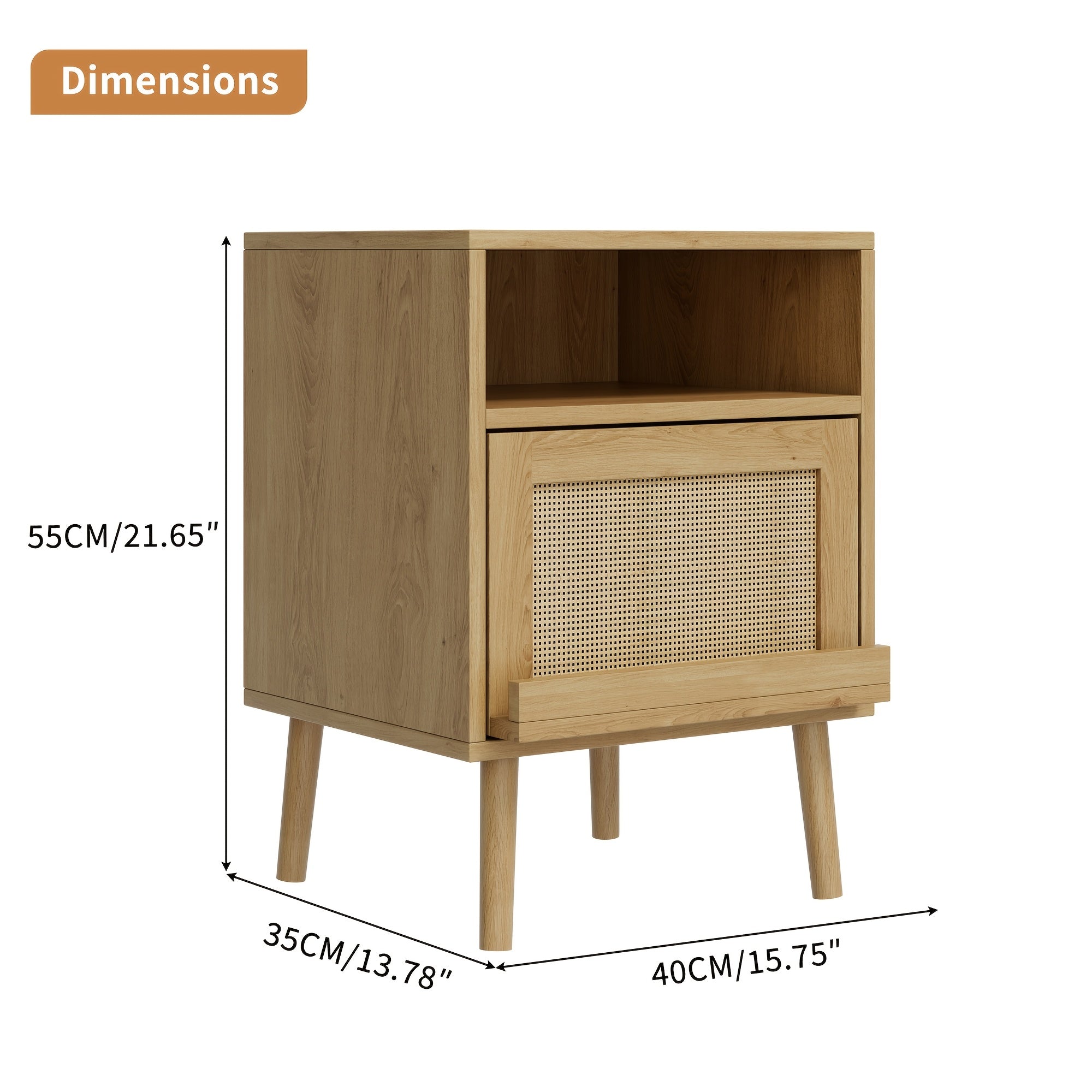 Mid Century Modern Nightstand, Rattan Nightstand With 2-Tier Shelf And Door, Bedside Table With Storage For Small Spaces, Bedroom, Living Room, Easy Assembly, 2 Pack