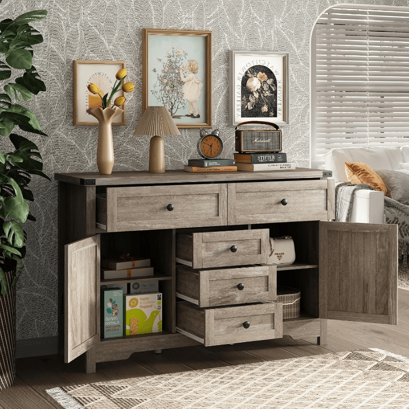 Solid Wood Farmhouse Dresser Chests for Bedroom with 5 Drawers & 2 Barn Doors, Tall Chest of Drawers, Rustic Dresser TV Stand, Dresser Organizer for Living Room, Kitchen