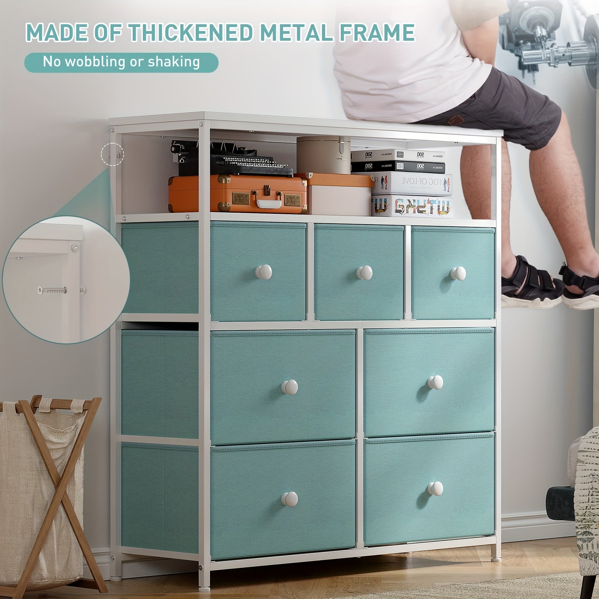 Dresser For Bedroom With 7 Drawers And 2 Shelves, TV Stand Dresser With Wooden Top And Metal Frame, Tall Dressers & Chest Of Drawers For Bedroom, Aqua