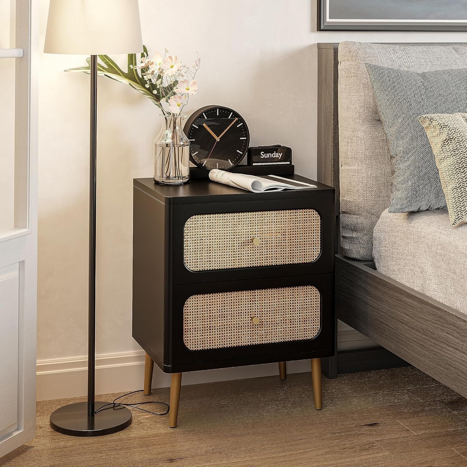 Chic Black 2-Drawer Bedside Table with Wicker Rattan Detailing - Space-Saving, Mid-Century Modern Design with Boho Charm, Smooth Glide Metal Legs & Brass Knobs for Nightstand, End Table in Small Spaces