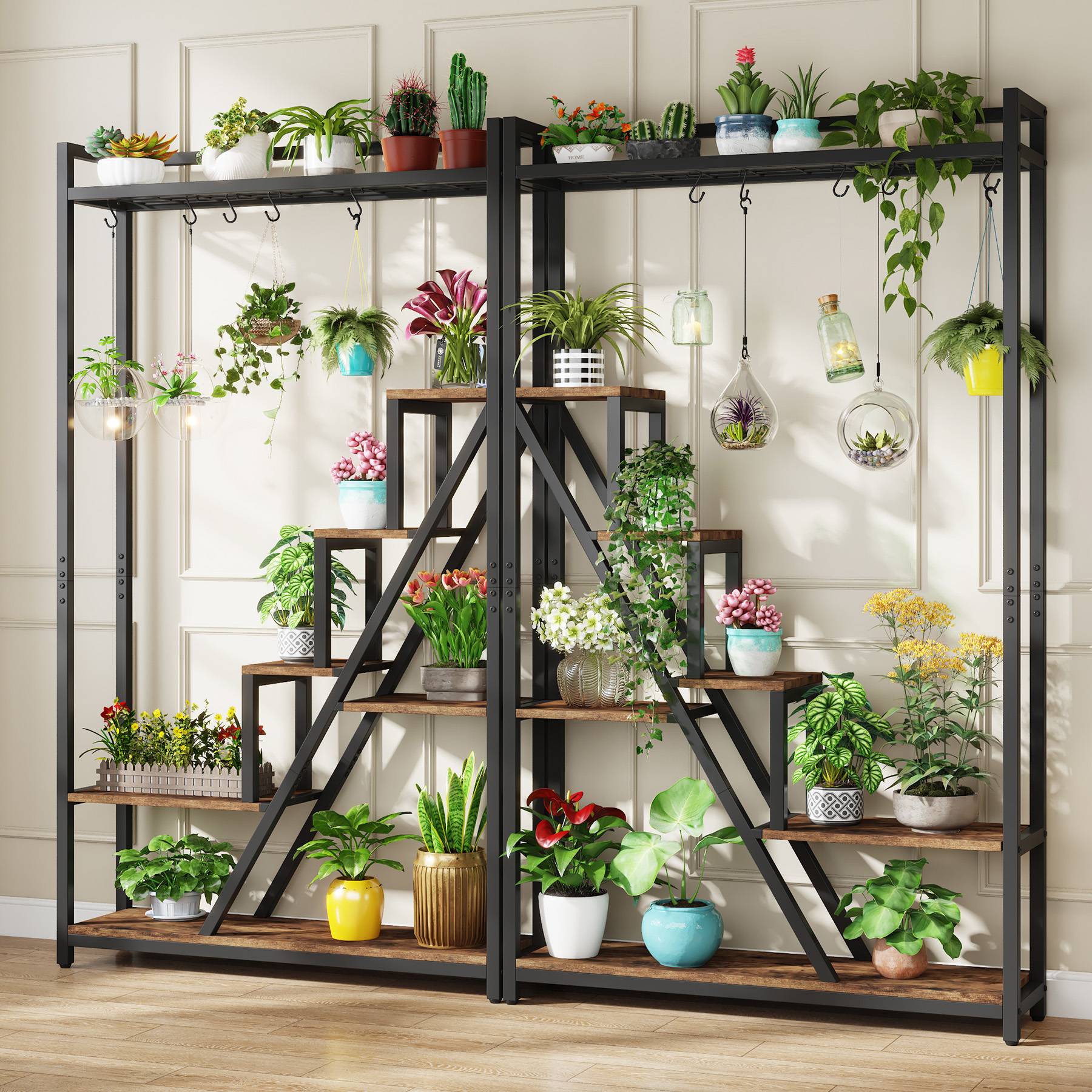 7-Tier Plant Stand, 180 cm Tall Flower Plant Shelf with 5 S-Hooks