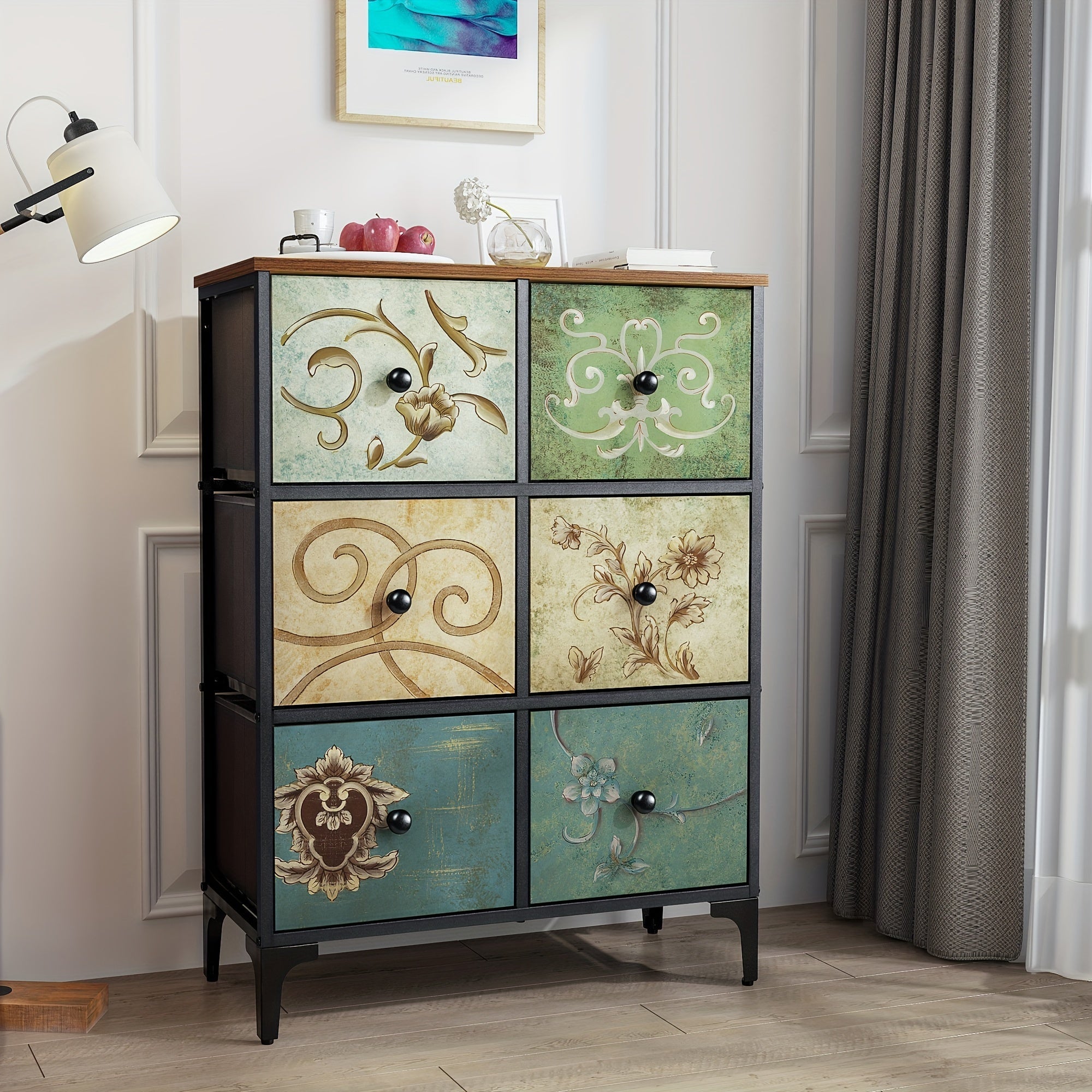 Dresser with 6 Drawers, Tall Storage Dresser for Bedroom, Modern Chest of Drawers for Closet, Living Room, Nursery, Wood Top, Fabric Drawer