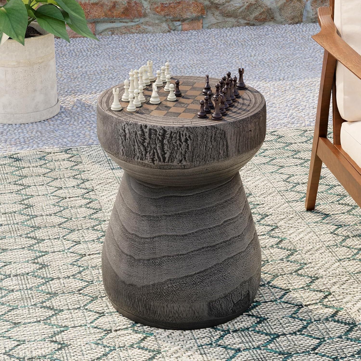 36cm Round Concrete Side Table with Checkerboard Design - Sturdy, Waterproof Outdoor Accent Table with Wide Top for Living Room, Bedroom, or Garden - Versatile Decorative End Table with Natural Aesthetic