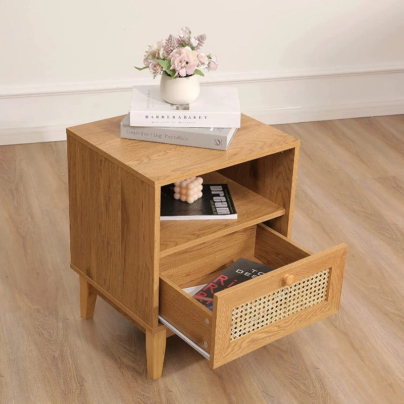 Nightstand with Natural Rattan Door Rattan Drawer; Wooden Bedside Table End Table for Living Room and Bedroom