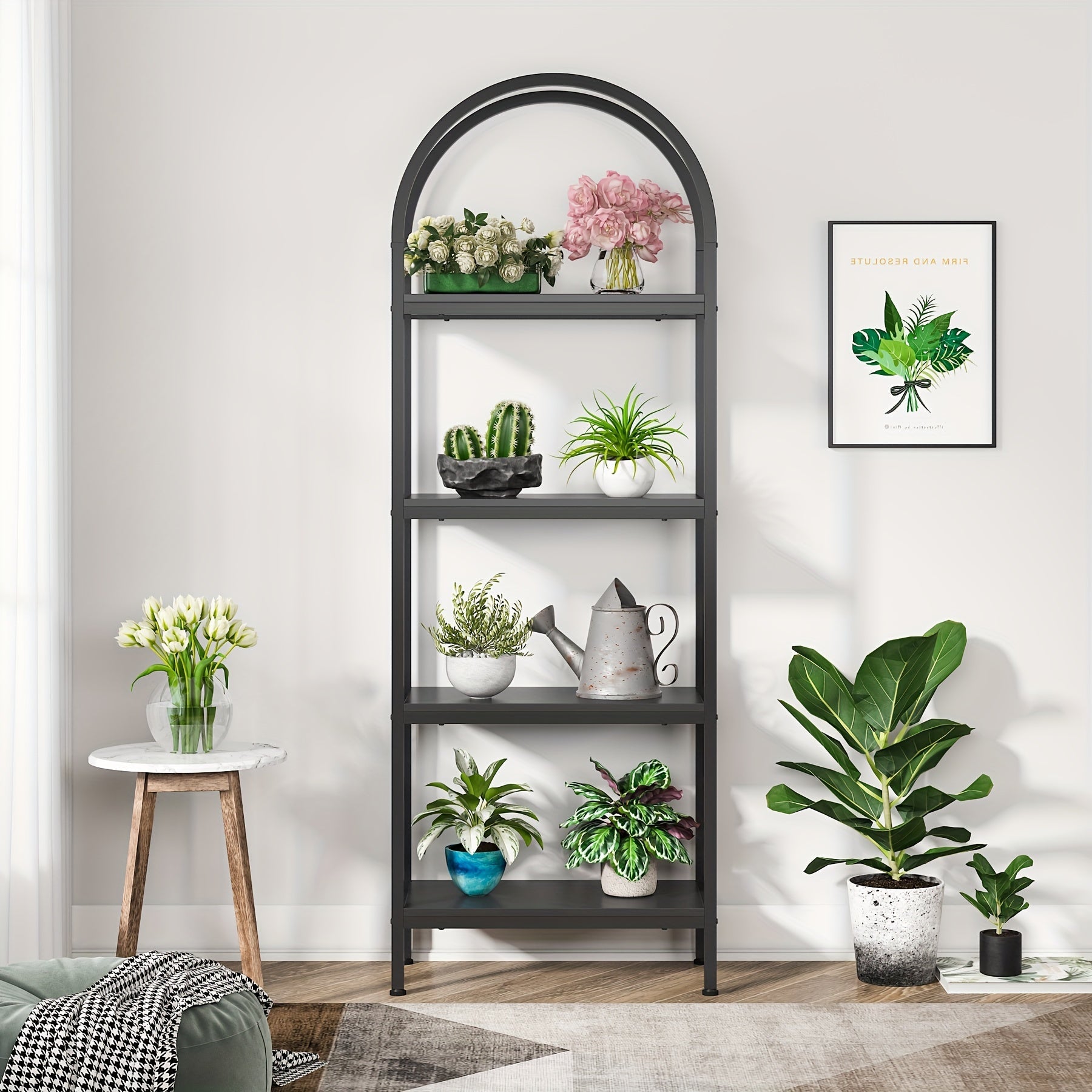 Industrial Arched 4-Tier Bookshelf: This 180cm Standing Bookcase Features A Metal Frame And Storage Shelves. It Serves As Both A Farmhouse Storage Rack And Stylish Addition To Your Living Room Or Home Office