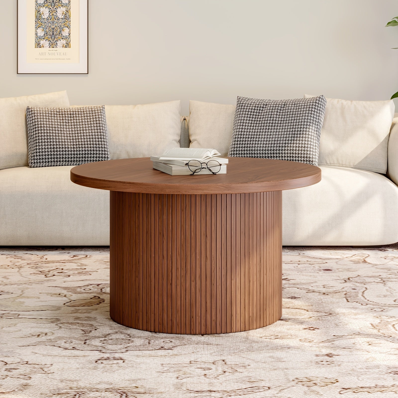 Modern 79cm Round Wooden Coffee Table with Anti-Slip Pad and Roller Curtain Design for Living Room, Sofa Side Center Table