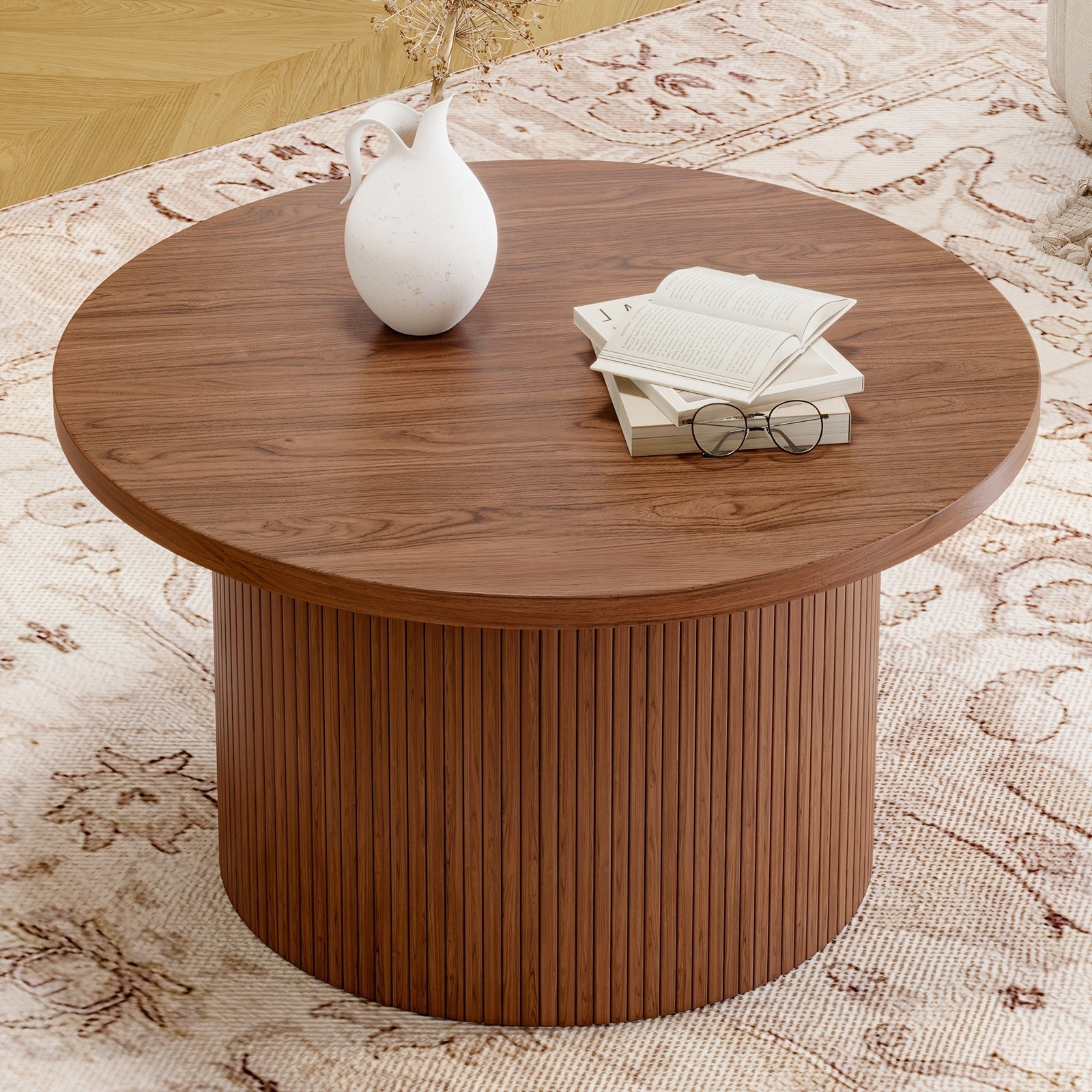 Modern 79cm Round Wooden Coffee Table with Anti-Slip Pad and Roller Curtain Design for Living Room, Sofa Side Center Table