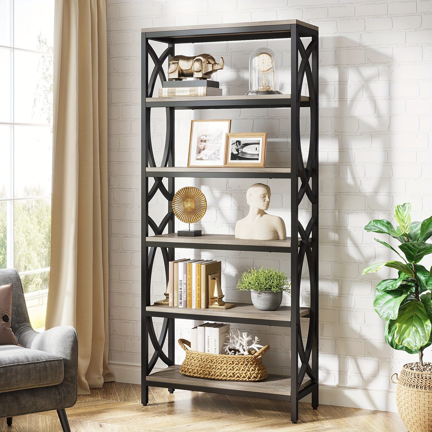 Introducing The 6-Tier Bookshelf, 175cm Tall Bookcase Combining Modern Wooden Design With Durable Metal Frame. This Freestanding Open Storage Shelves Or Shelving Unit Is Ideal For Office Or Living Room Use