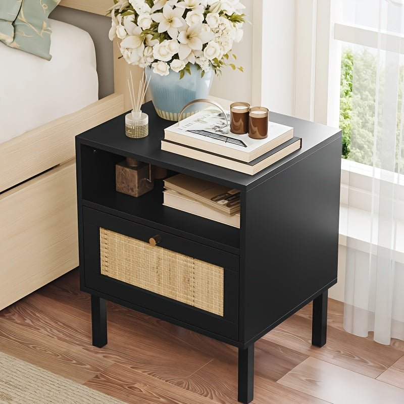 2pcs Set Natural Rattan Nightstands, Boho Bedside Table with Hand-Woven Decorative Door, Black - Ideal for Living Room and Bedroom, Storage Drawer Units