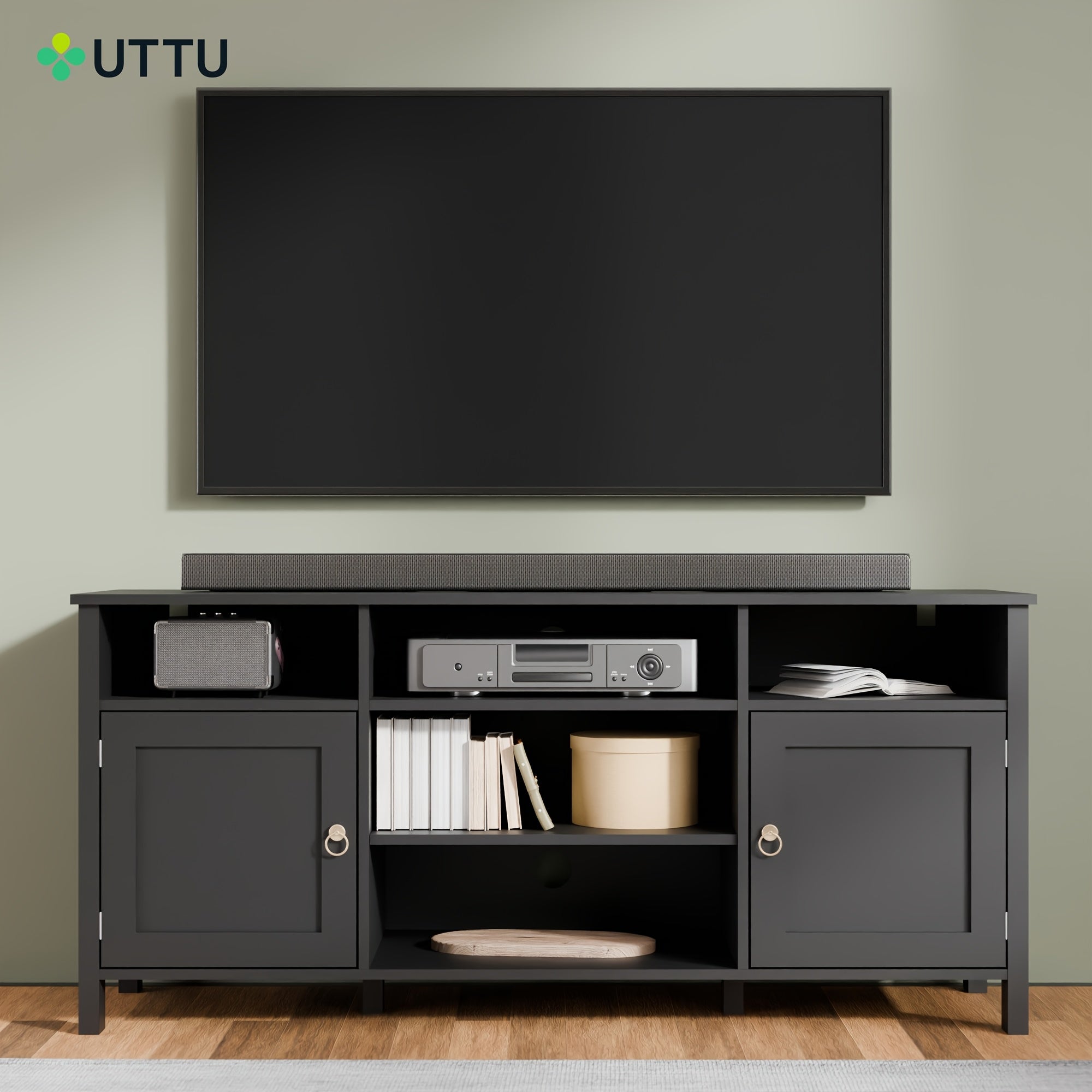 Farmhouse TV Stand For TVs Up To 60 Inch, Modern Entertainment Center, TV Console With Storage Cabinet, Media Console With Barn Ring Pulls