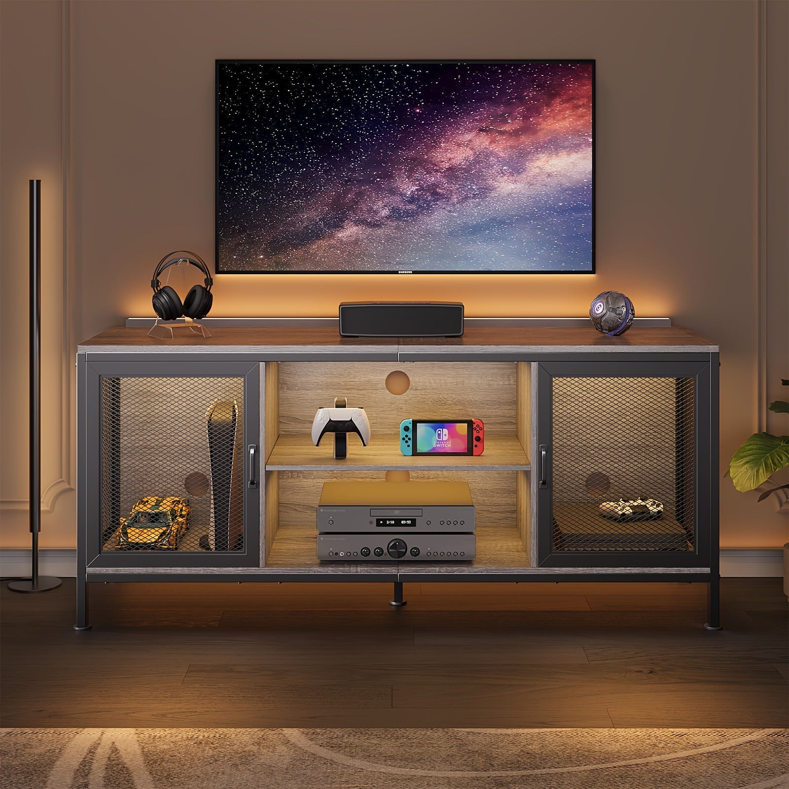 TV Stand For TV Up To 165cm With Storage, 3-Tier Wooden TV Console Table With Doors And Shelf, Modern Gaming Entertainment Center For Living Room Game Room Or Home Office