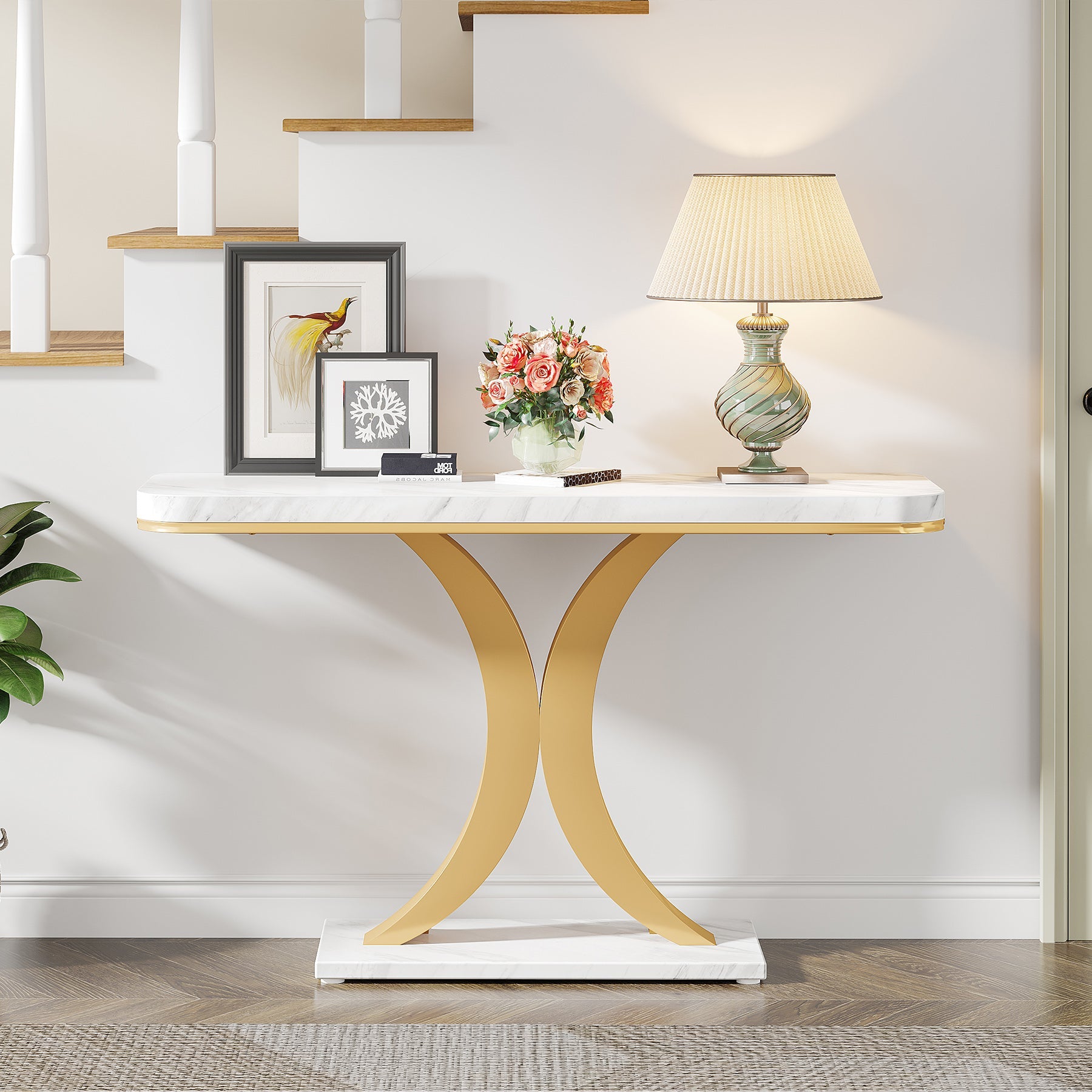 102 cm Console Table, Narrow Entryway Foyer Table with Geometric Base