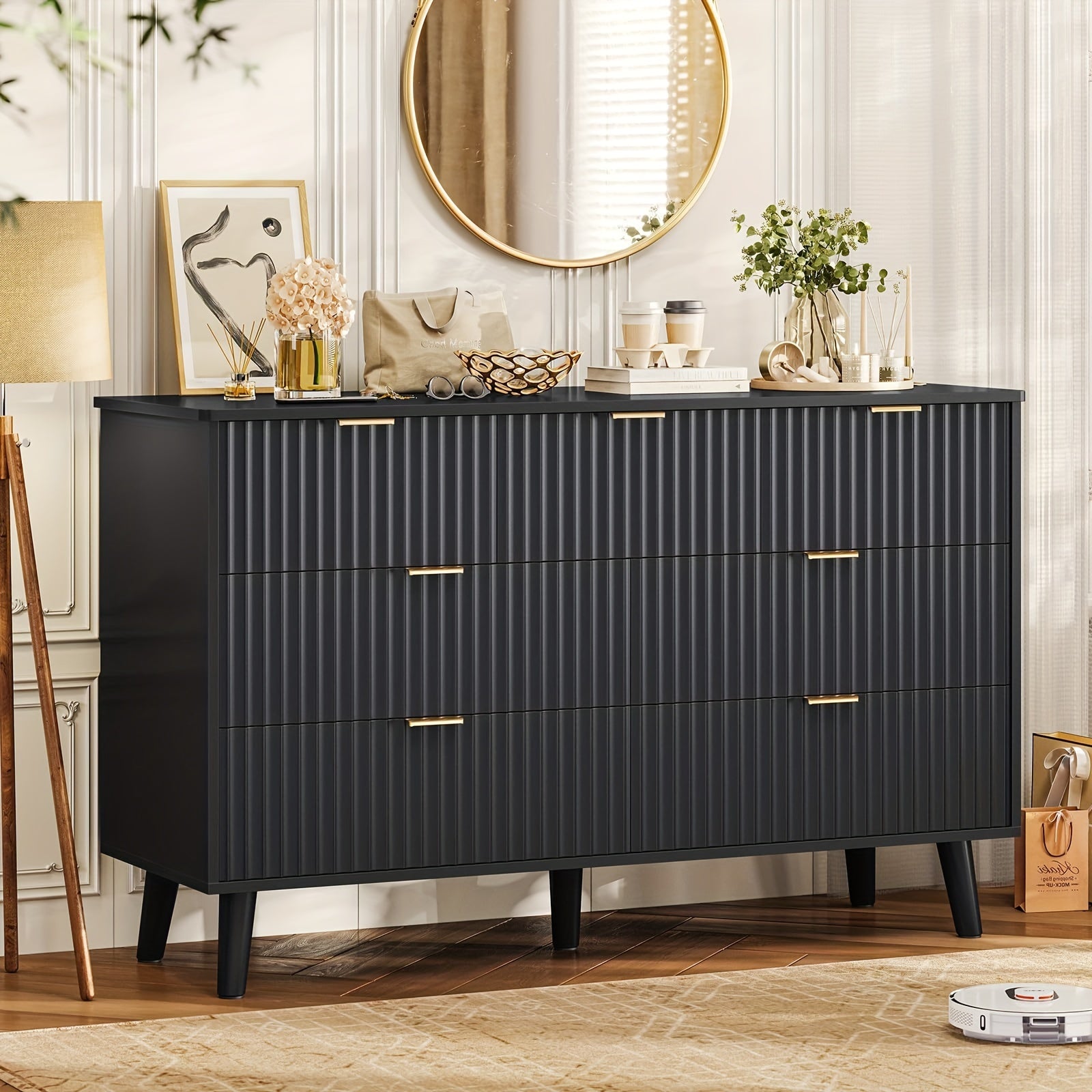 Elegant Fluted 7-Drawer Dresser, 120cm Wide - Modern Minimalist Design with Waveform Fluted Panels, Black/Oak, Metal Frame, for Stylish Bedroom Storage