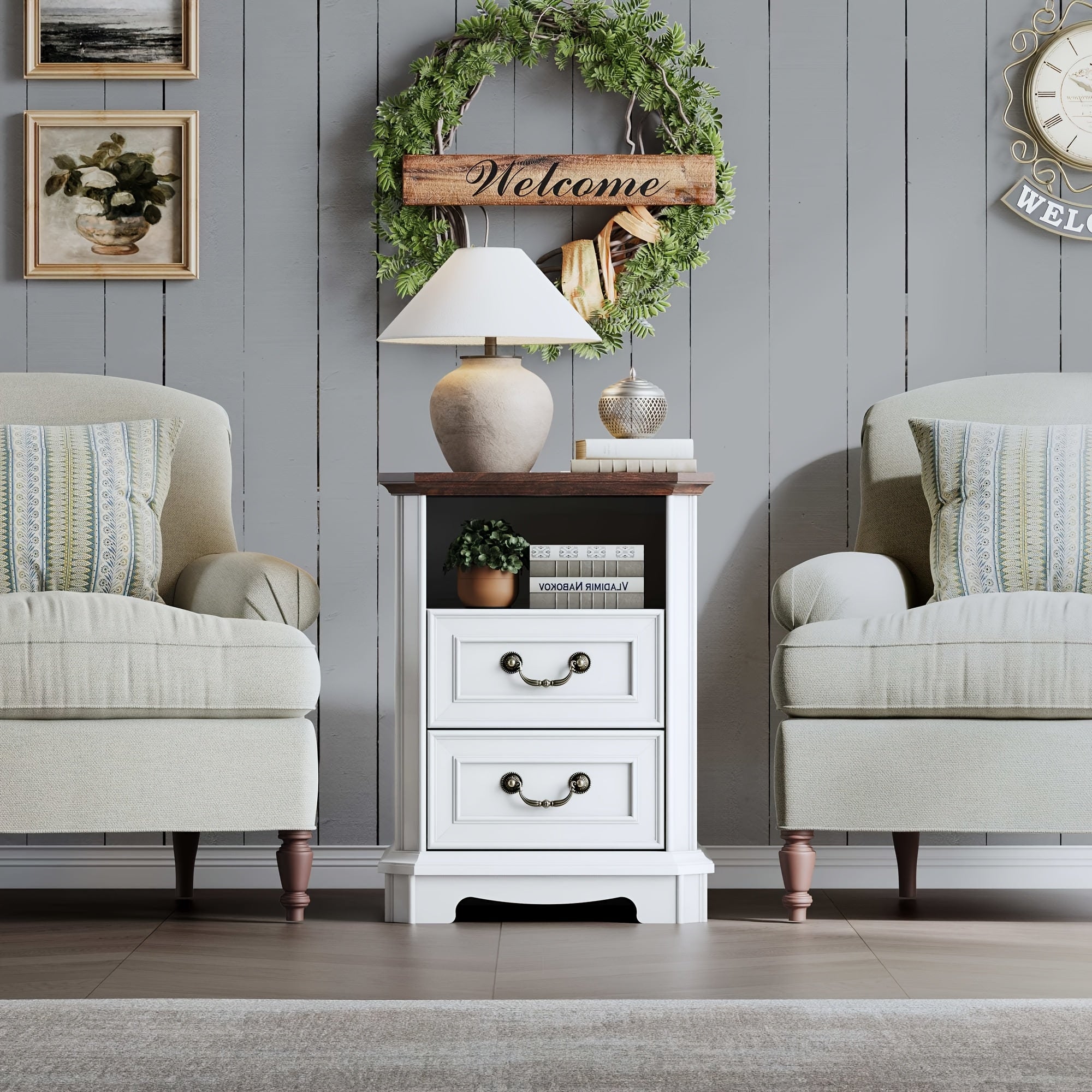 Charming Farmhouse 2-Drawer Nightstand - White Wooden End Table with Open Shelf for Bedroom & Living Room, Stain-Resistant