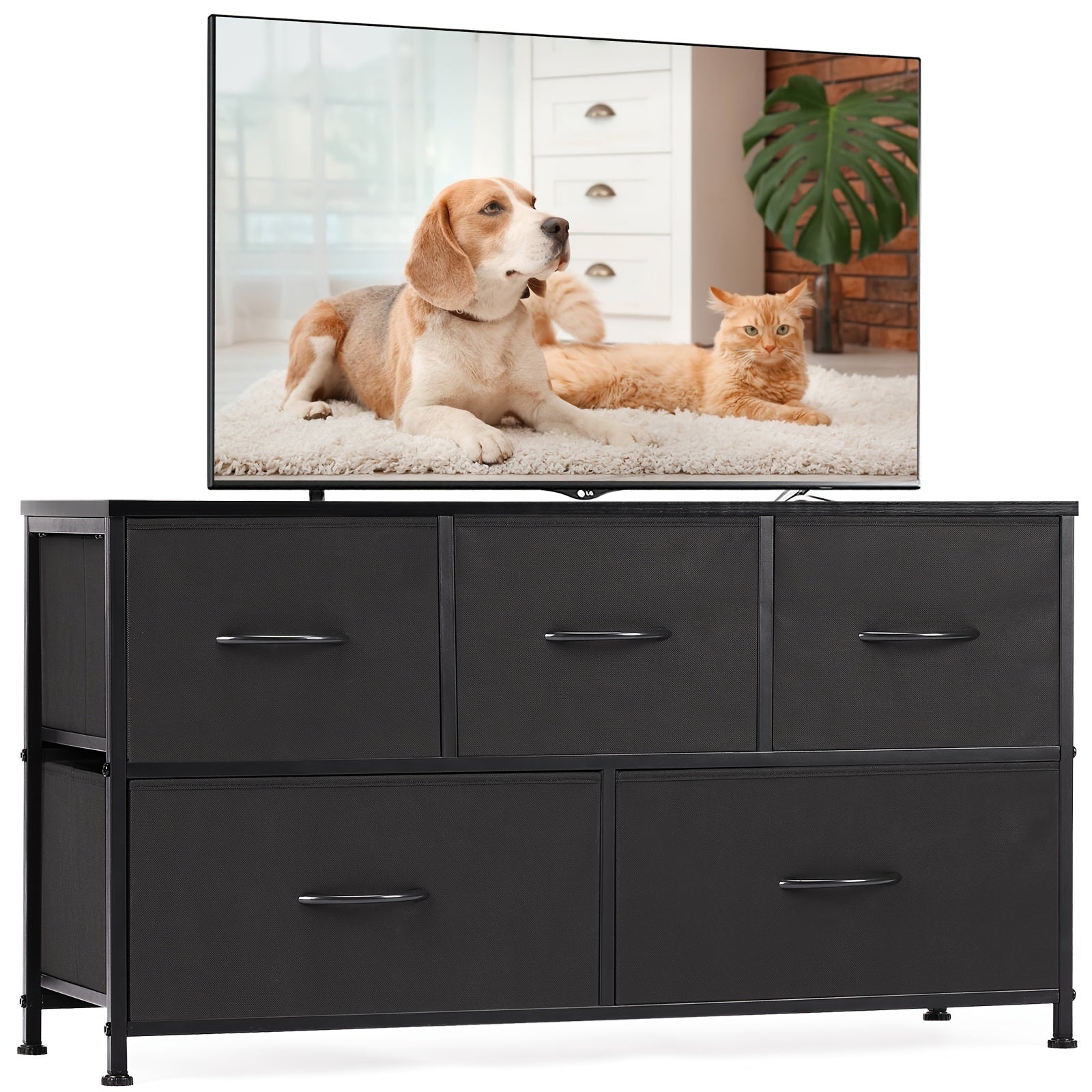 TV Stand Dresser For Bedroom Entertainment Center With 5 Fabric Storage Organizers Units, Dorm, 5 Drawers And Shelf, Black, Media Console Table With Open 45" Television For Living Room