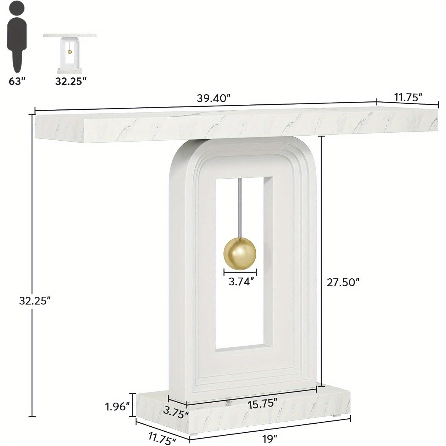 Elegant 102 cm Narrow Console Table with Geometric Pendulum Base - Faux Marble Top, Waterproof, Ideal for Living Room, Hallway, Entryway - Chic White & Golden Accent Table for Decorative Ornaments Display, Box, Cabinet, Rack