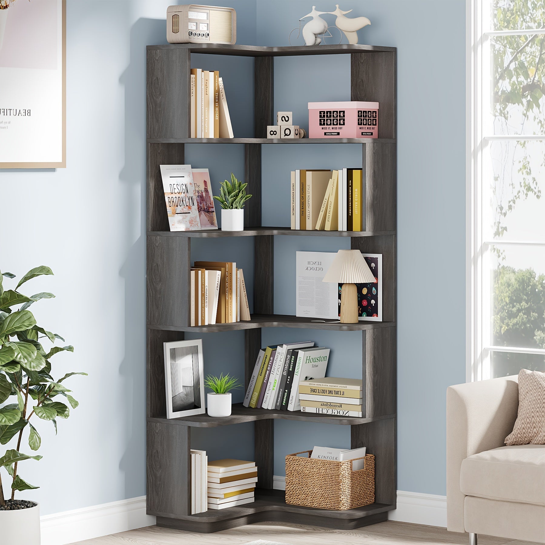 64.9 Inch Tall 6-Tier Corner Bookshelf With Anti-Drop Panel, Industrial Freestanding Display Rack And Storage Organizer For Home Office, Living Room