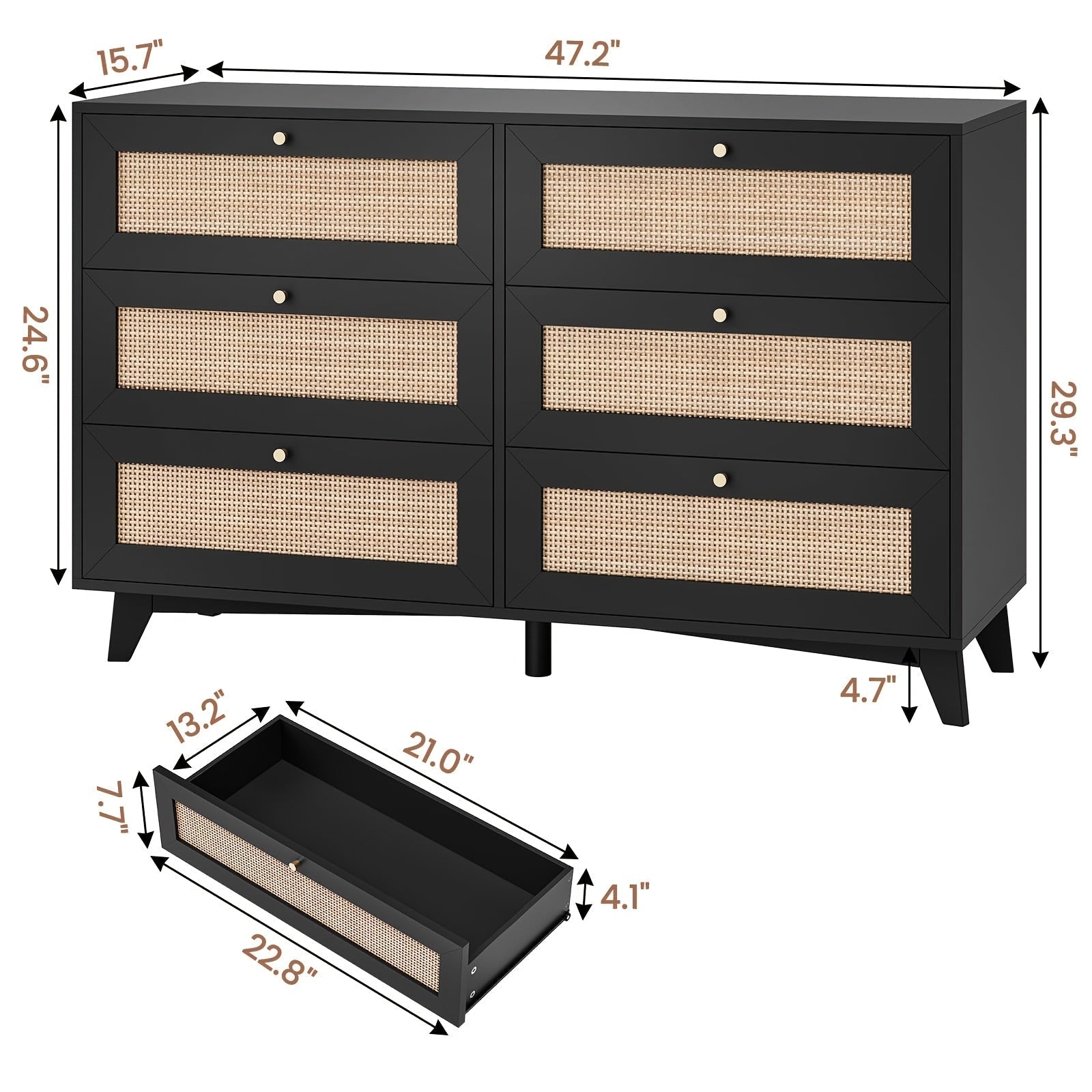 120cm Black Natural Rattan Dresser For Bedroom With 6 Drawers, Modern Double Wooden Wide Bedroom Dresser, Chest Of Drawers With Metal Handle & Solid Wood Legs For Bedroom/Living Room