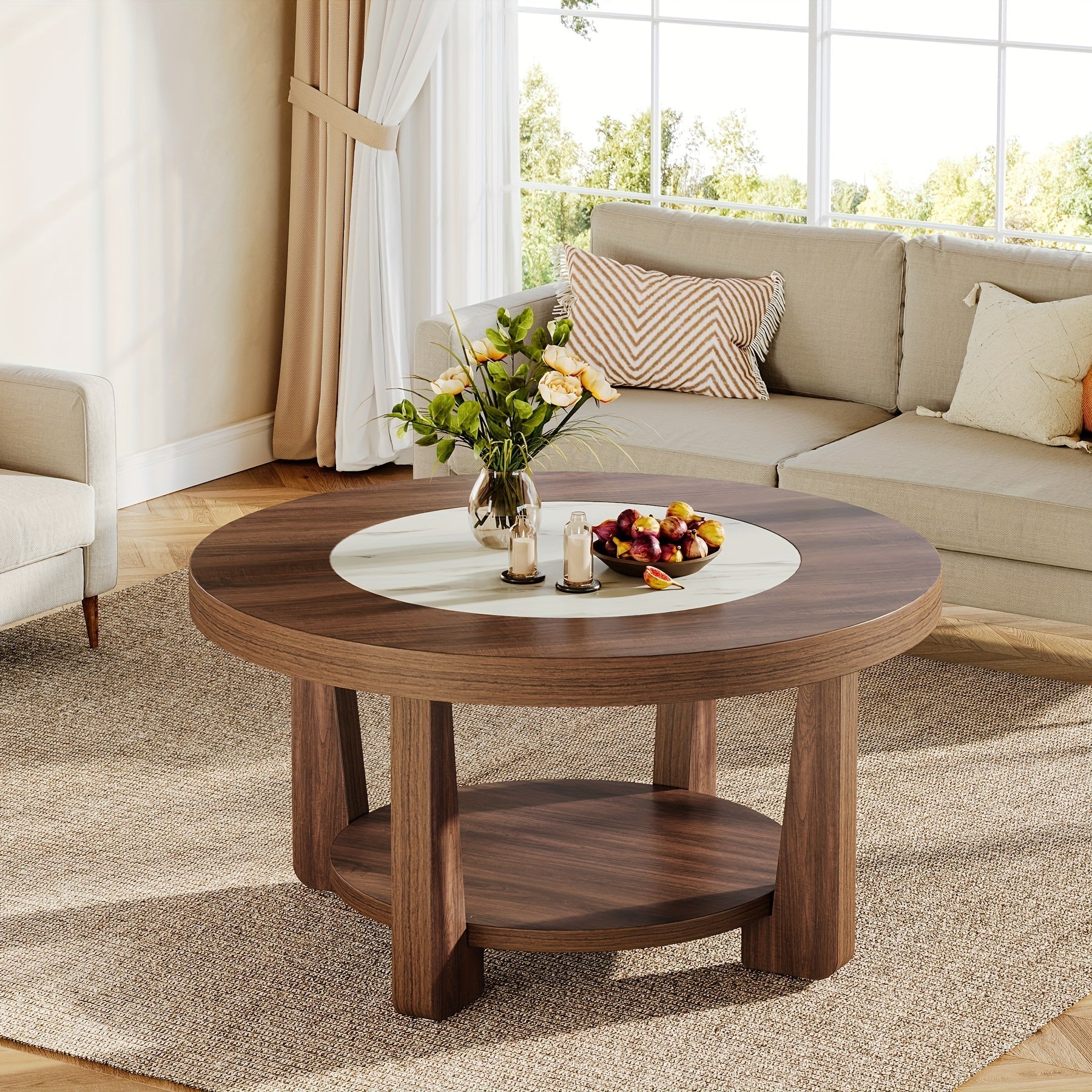 Wood Round Coffee Table With Storage, 2-Tier Industrial Circle Accent Center Table For Living Room