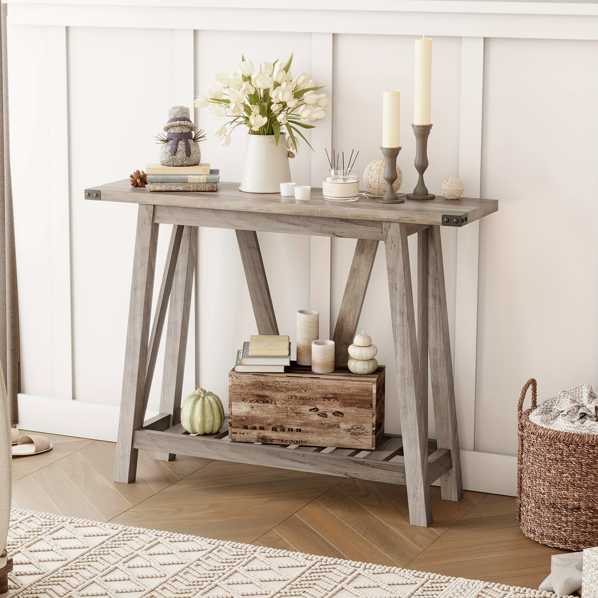 Chic Grey Wash MDF Entryway Console Table with Shelves - Modern Farmhouse Style, Durable Hardwood Material, Easy Assembly, Perfect for Living Room or Hallway Decor, Table Decor (Dimensions in cm)