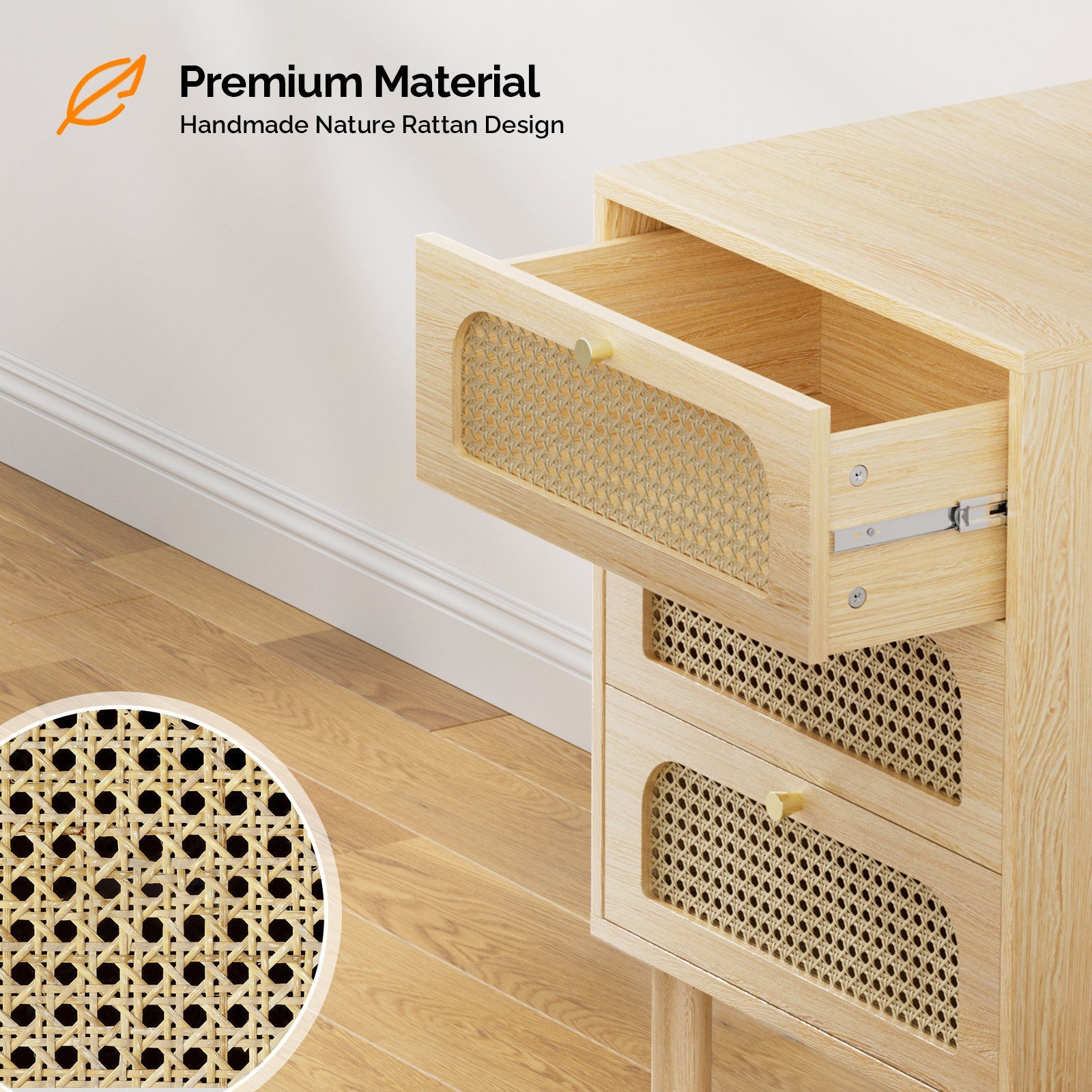 Wood Grain Color, MDF with Triamine Surface, Rattan Drawer Veneer, Solid Wood Legs, Three Drawers, Bedside Table