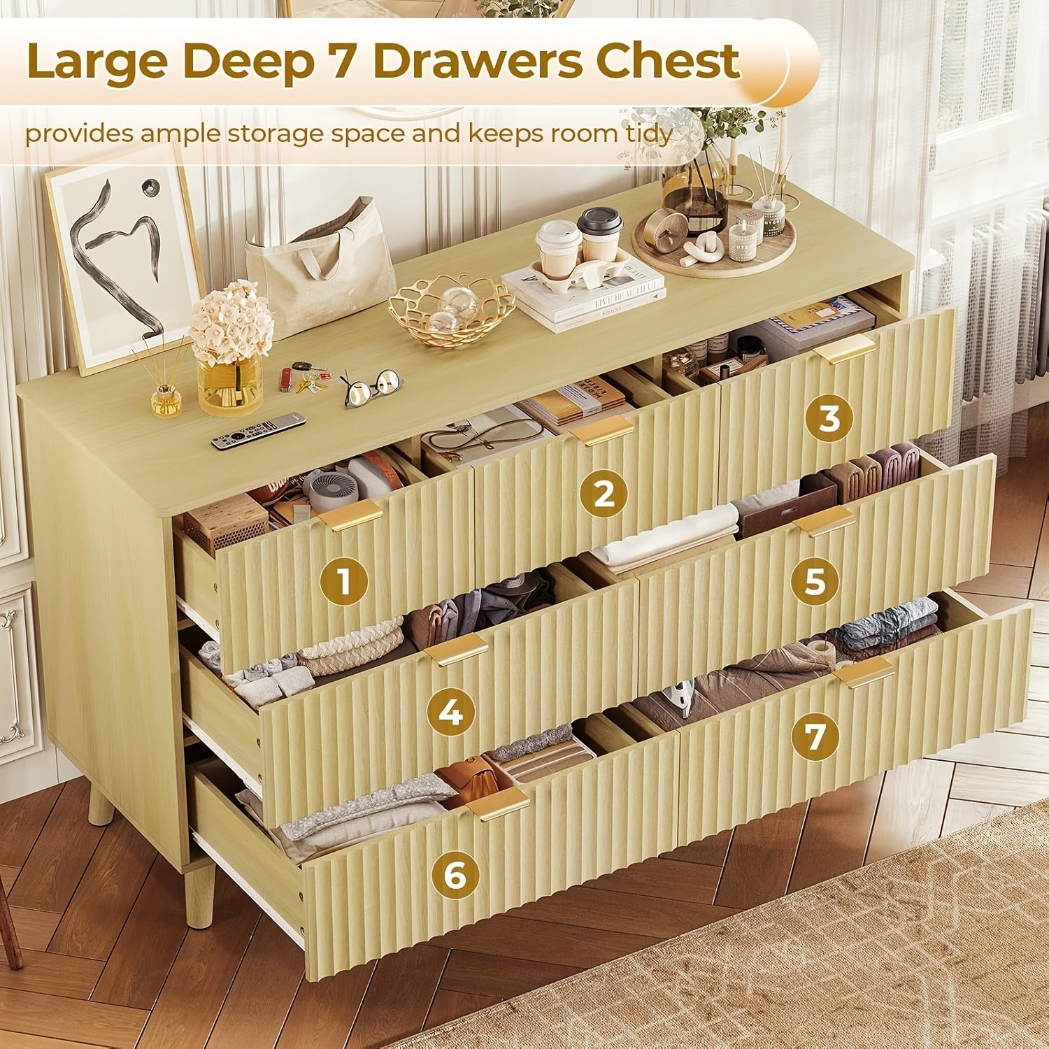 Modern 7-Drawer Fluted Dresser in Natural Oak - Golden Metal Handles, Spacious Storage Organizer for Bedroom & Entryway