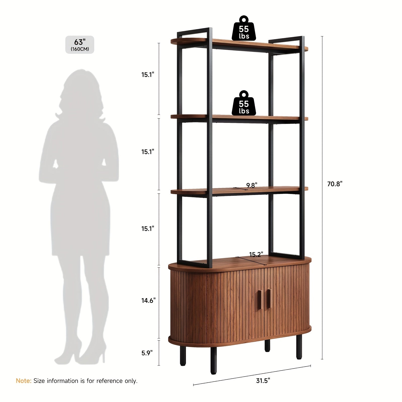 180cm Tall Bookshelf 4 Shelves Bookcase with Storage Cabinet Freestanding Display Bookshelf with Sliding Doors And Adjustable Feet Suitable for Bedroom, Living Room, Home Office Walnut