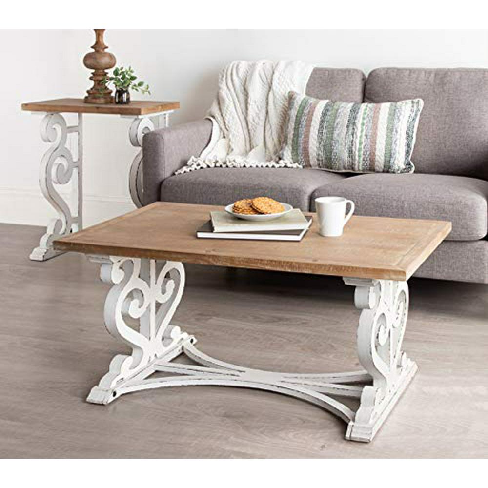 Rustic Carved Coffee Table 96cm Distressed Brown and White Farmhouse- Inspired Living Room Decor