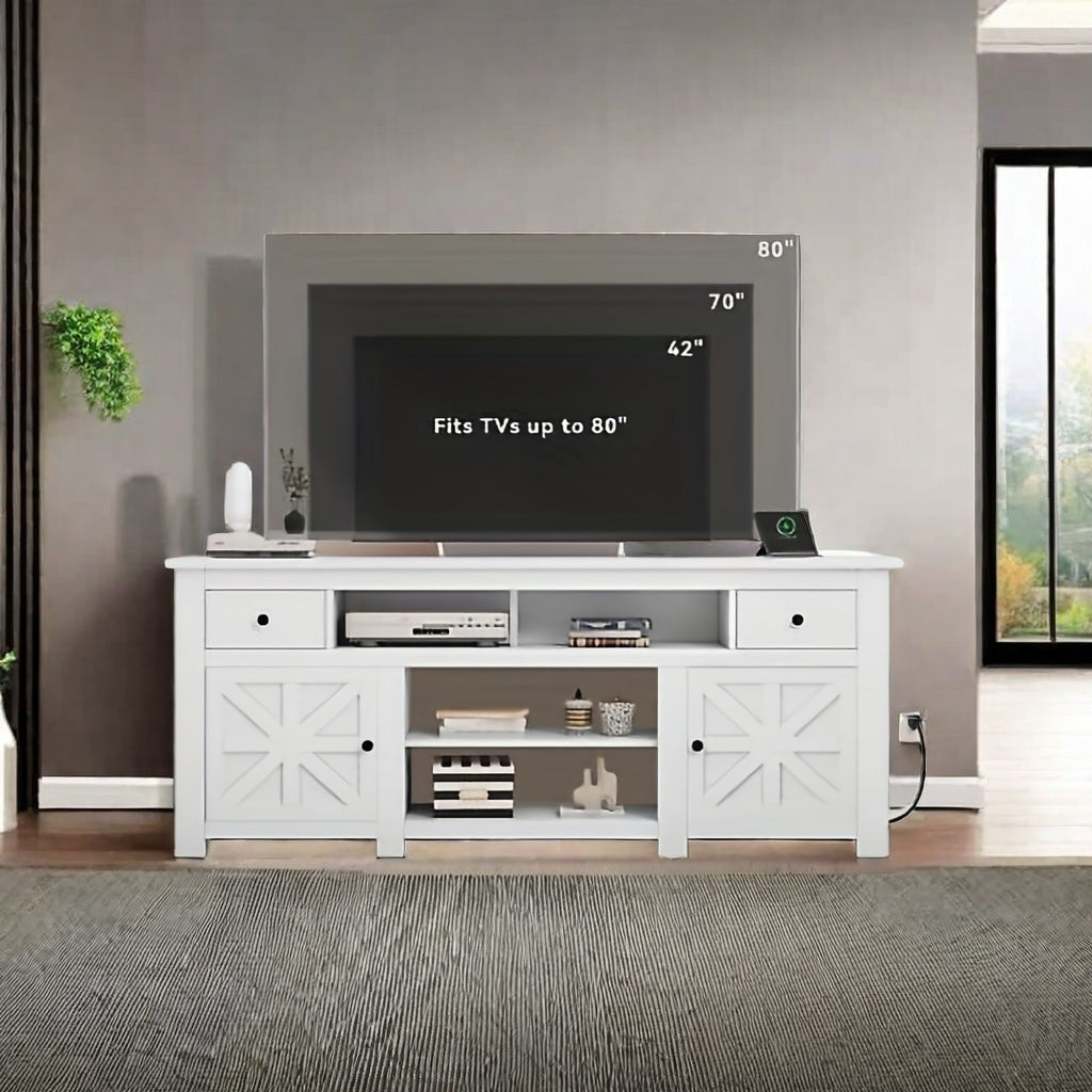 Modern Farmhouse TV Console with Storage Cabinets and Drawers for 80- Inch TVs