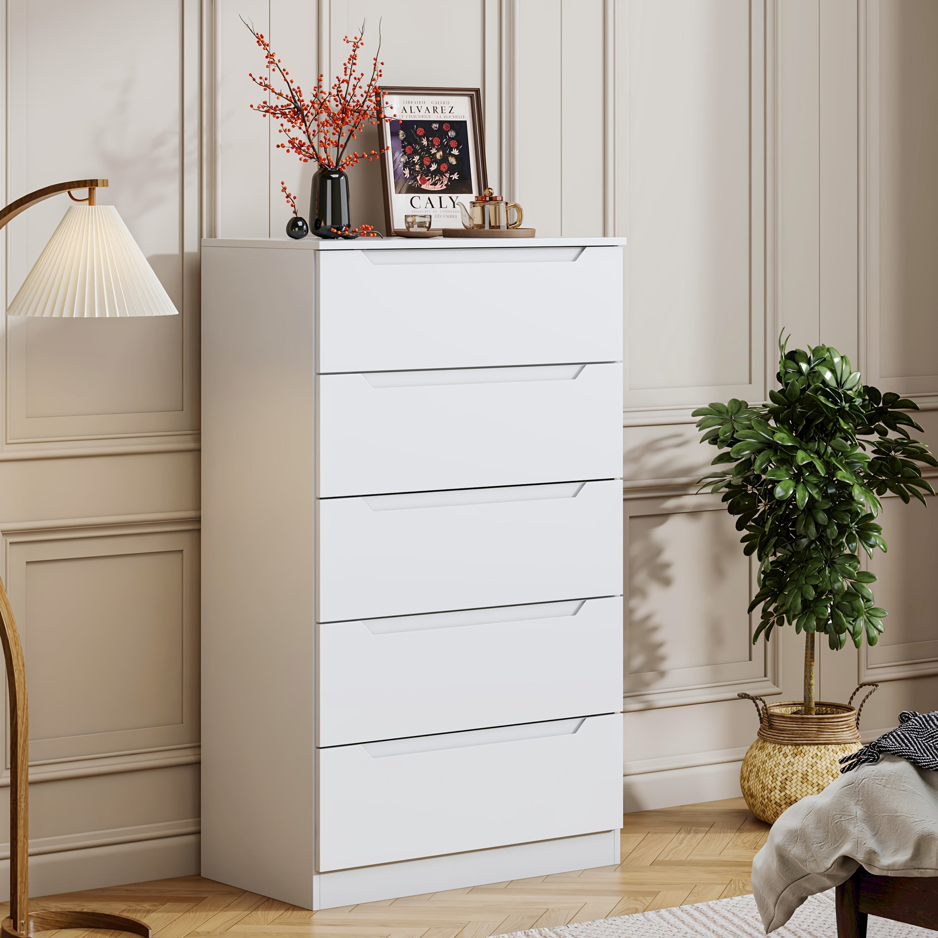 5-Drawer Tall White Dresser, Modern Wooden Storage Cabinet with Vertical Drawers for Living Room, Hallway, Entryway, Home Office - Ideal Christmas Gift Decor H48inxW29xD16, Storage Drawer Units