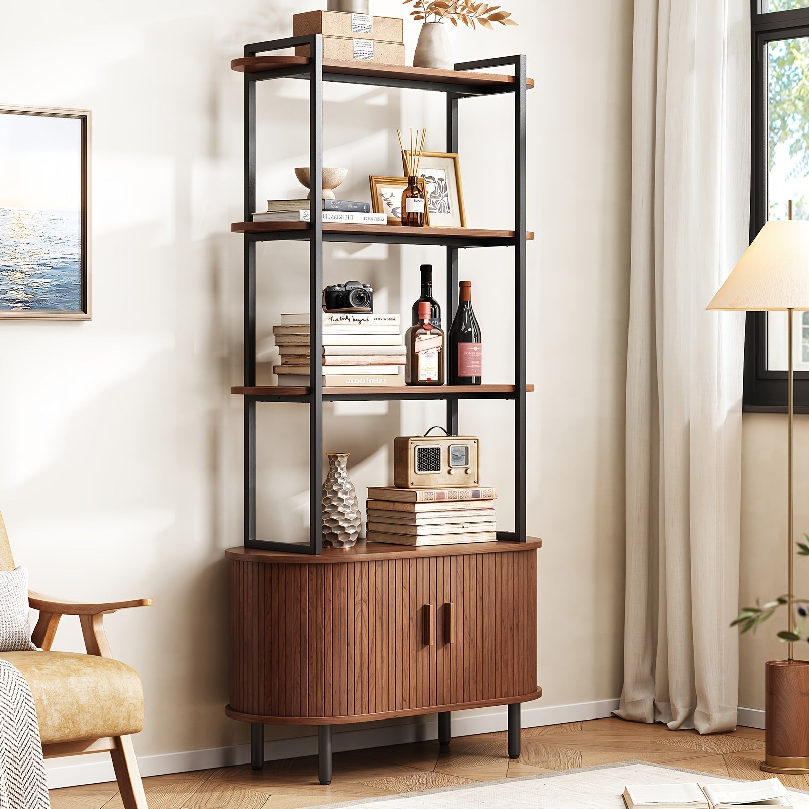 4-Tier Open Bookshelf 180cm High Floor Standing Display Bookcase Storage Rack With Storage Cabinets Living Room, Bedroom, Home Office Display Shelf Walnut