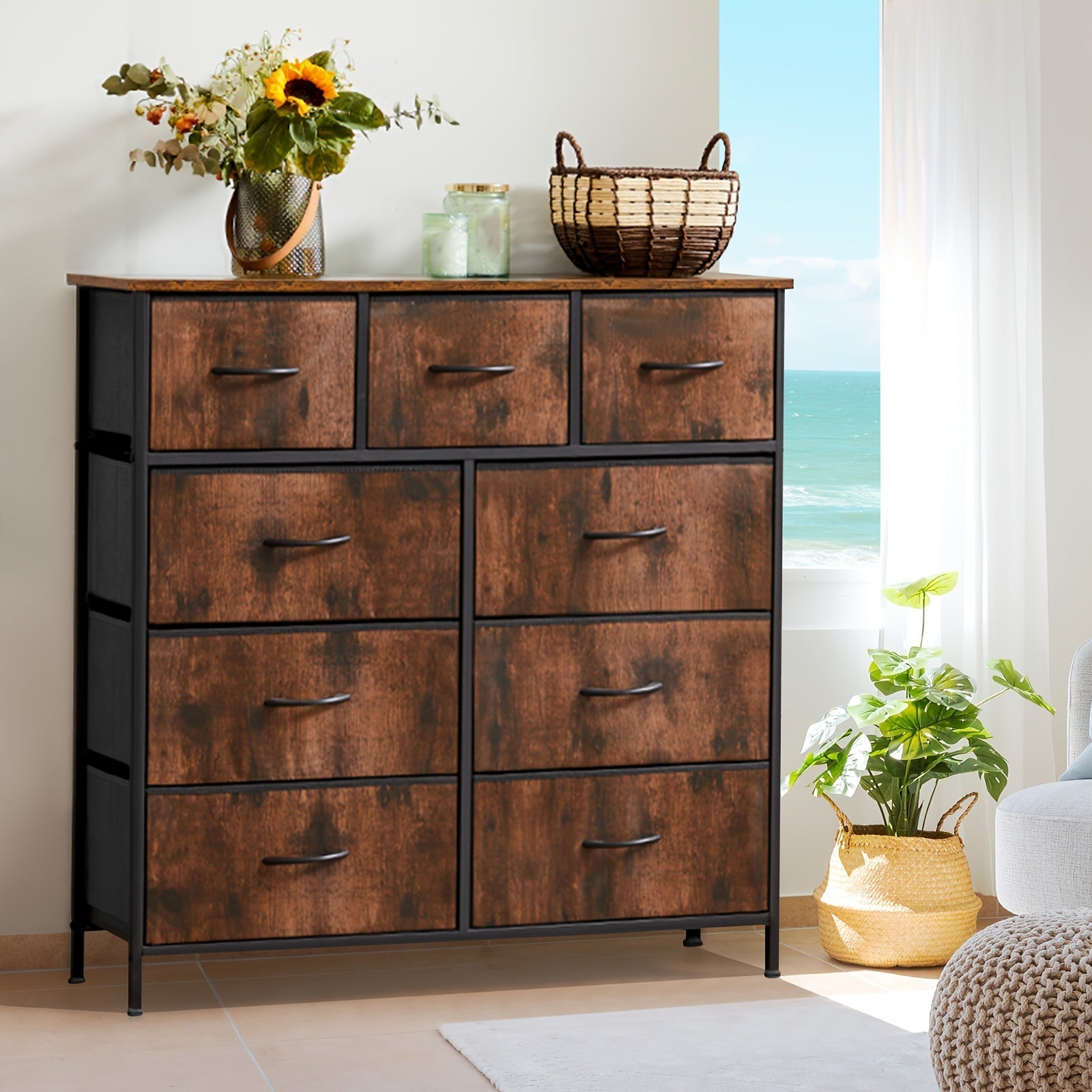 Dresser For Bedroom With 9 Drawers, Dresser With Metal Frame And Wood Tabletop, Clothes Drawer Fabric Closet Organizer, Chest Storage Tower For Living Room, Entryway