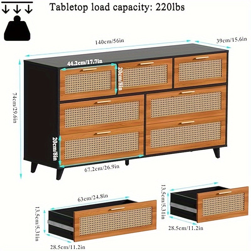 7 Drawer Dresser For Bedroom, Natural Rattan Dressers & Chest Of Drawers, Large 56" Long Dressers Wooden Storage Organizer Dresser For Closet, Hallway, Living Room