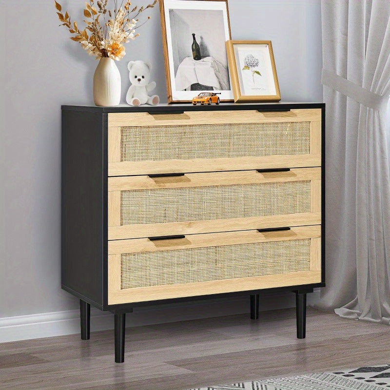 Boho Chic 3-Drawer Rattan Dresser with Black Metal Frame - Natural Woven Front Panels, Sturdy Handles & Legs for Bedroom, Living Room, Hallway Storage, Dresser for Bedroom