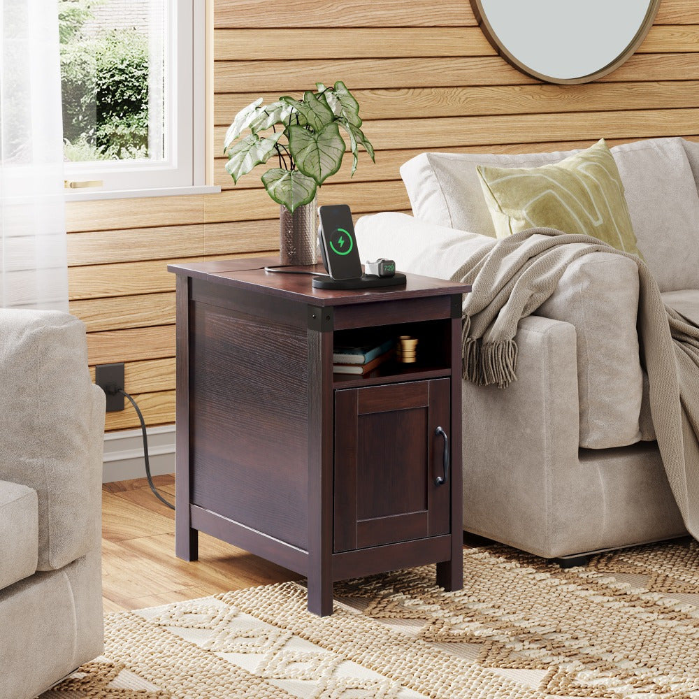 Vintage Farmhouse End Table with Charging Station - Slim Side Table for Living Room & Bedroom, Dark Brown with USB Ports & Outlets, Foldable Design with Storage Drawer, Ideal for Couch Setup, Living Room Table