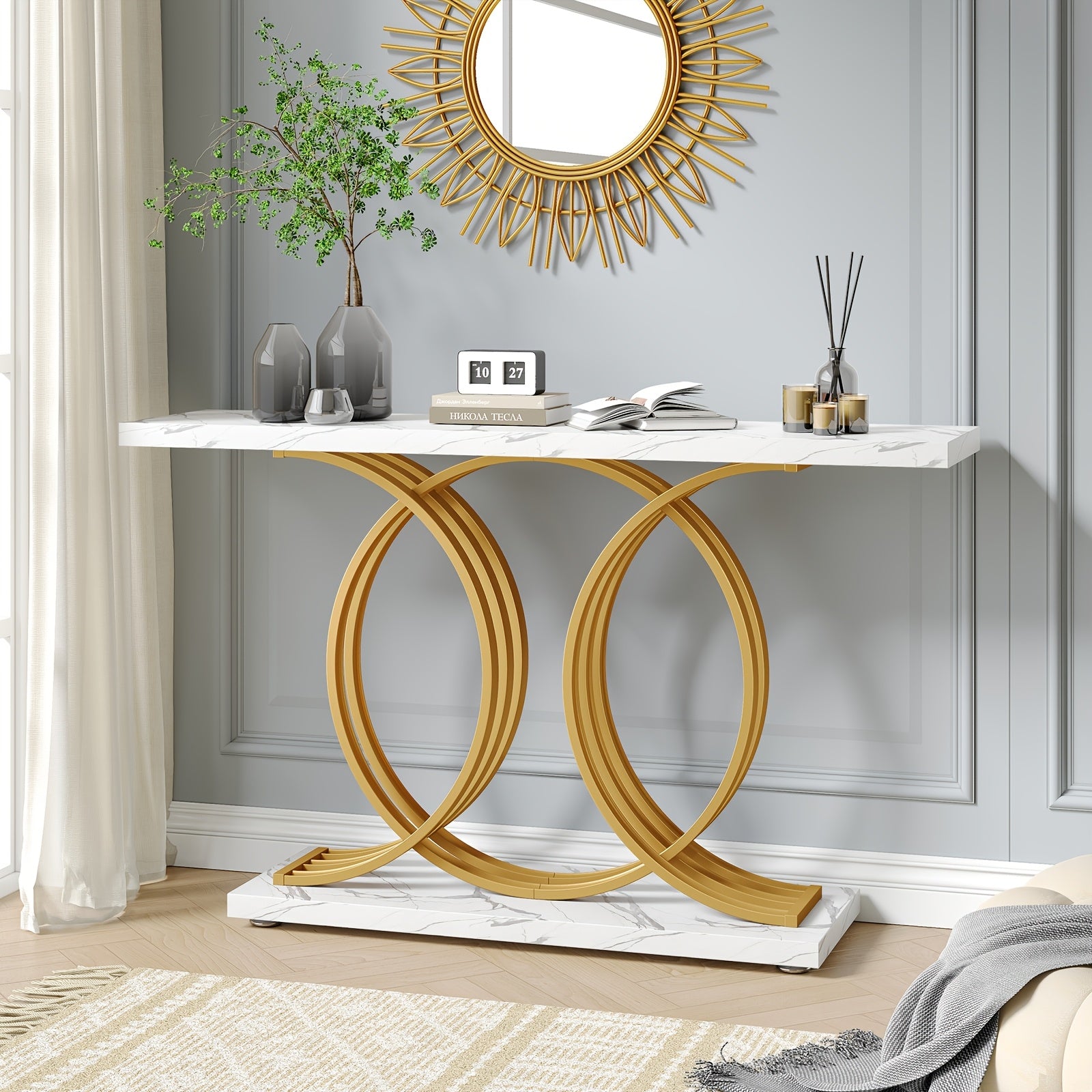 140 cm Console Table For Hallway, Faux Marble Golden Entryway Table With Geometric Metal Base, Modern Narrow Sofa Accent Table For Entrance, Living Room, Foyer (White & Golden)