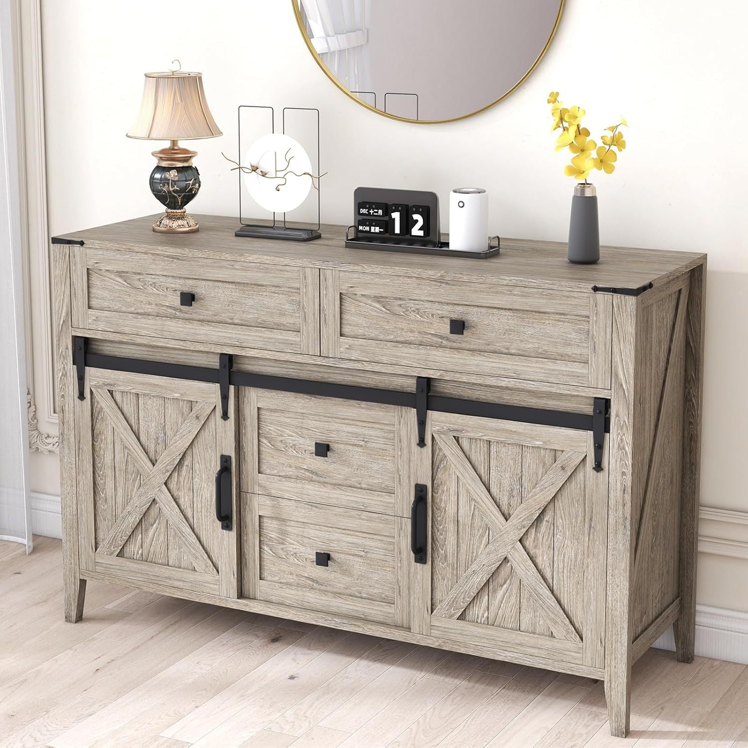 Farmhouse Dresser for Bedroom, 120cm Sliding Barn Door Wood Texture Rustic Chest of Drawers 4 Drawers Dresser TV Stand for Bedroom, Neoclassical White