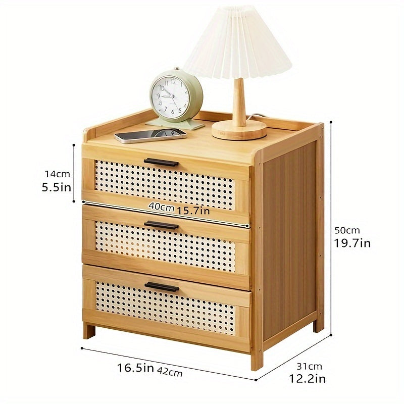 Rattan Bedside Table with 3 Wicker Drawers - Multifunctional Rectangular Bedside Table for Bedroom Storage, Waterproof Side Table for Small Spaces, Boxes, Cabinets, Shelves for Outdoor Storage