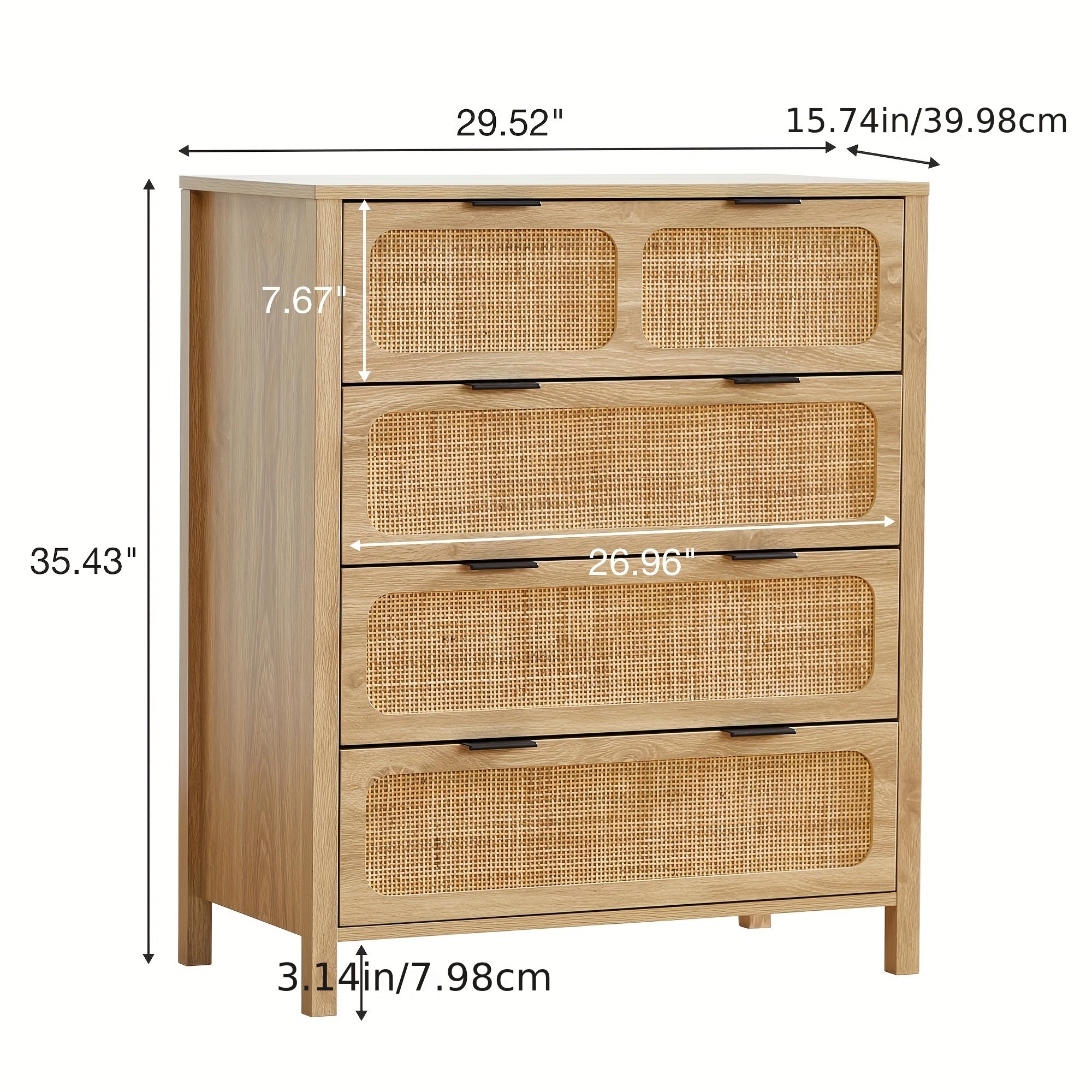 4 Drawer Dresser, Modern Rattan Dresser Chest With Wide Drawers And Metal Handles, Farmhouse Wood Storage Chest Of Drawers For Bedroom, Living Room, Hallway, Entryway