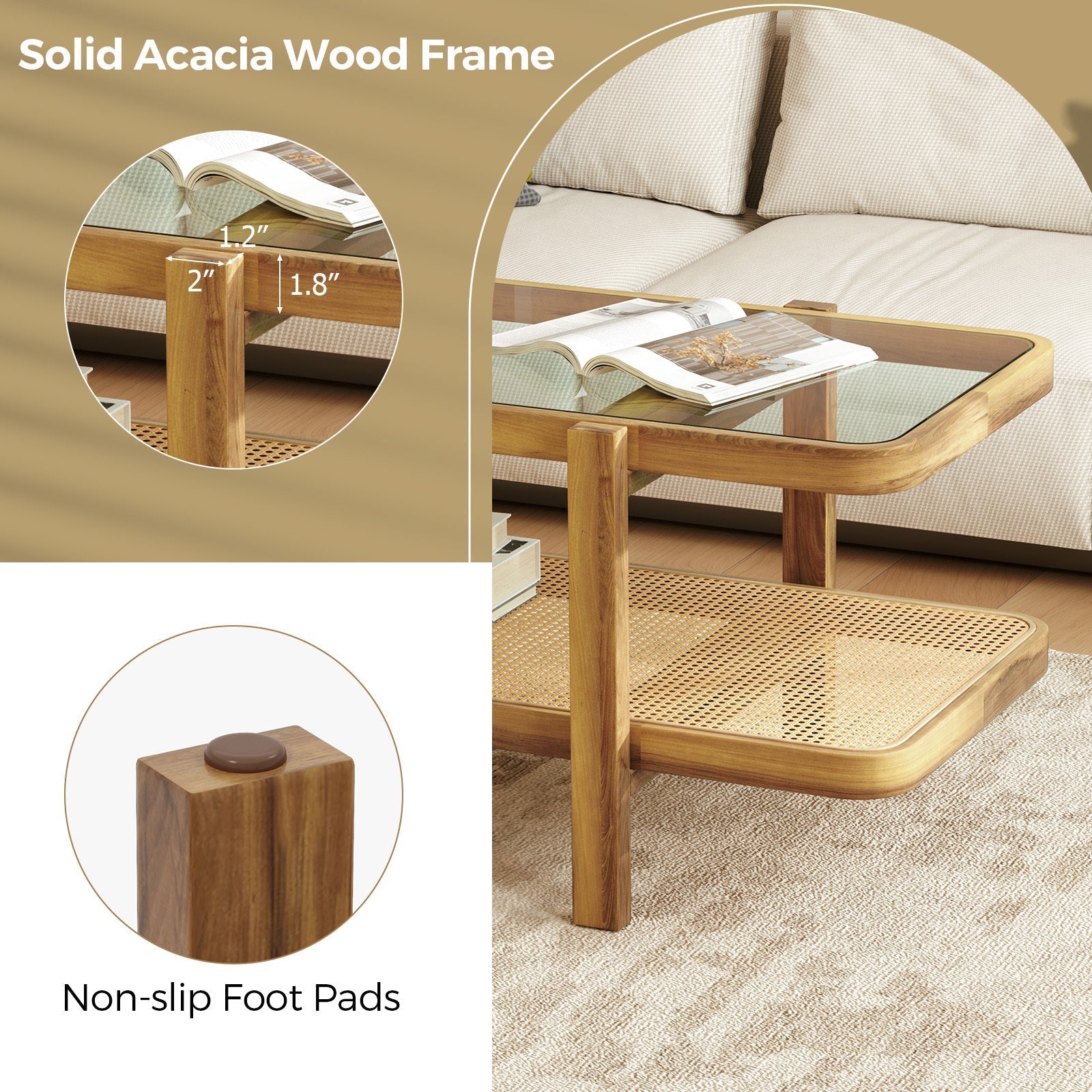 Contemporary 2-Tier Coffee Table, Multifunctional Center Table, Hardwood & Wood-Based Panel Construction, with Tempered Glass Top, PE Rattan Shelf, Acacia Wood Frame for Living Room, Reception & Study