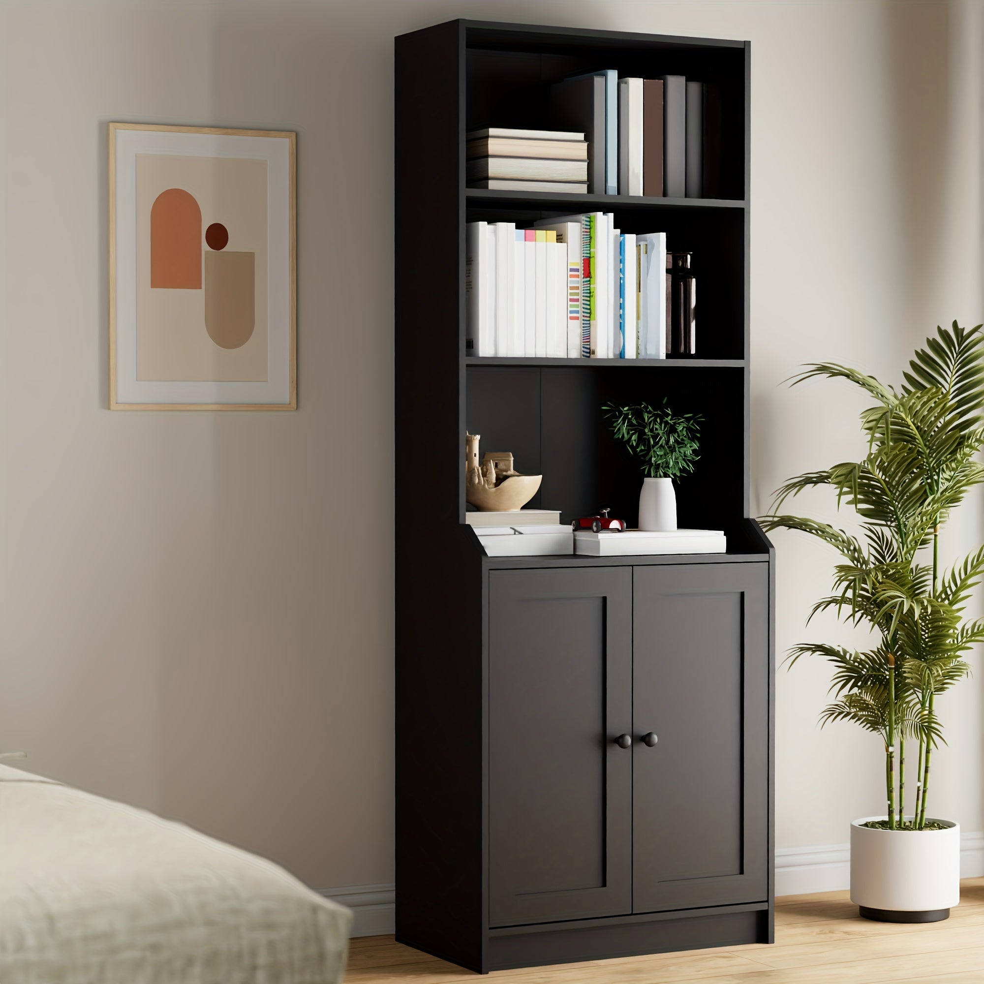 Modern 190cm Tall Bookcase with Doors - Versatile 5-Tier Floor Standing Bookshelf with Adjustable Shelves & Storage Cabinet for Living Room, Office, Bedroom - Black/White/Oak, UTTU, 27.6" W X 15.7" D X 75.6" H