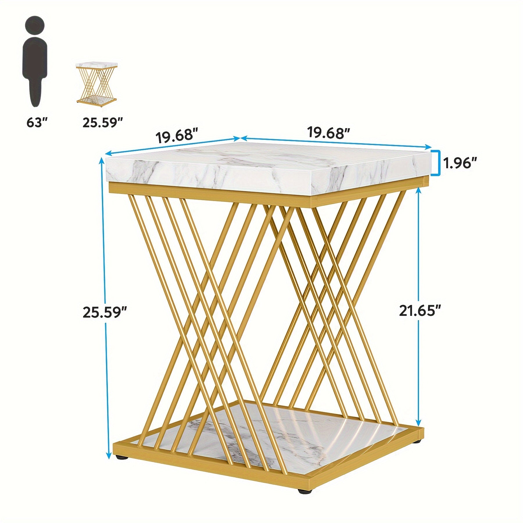 Square Side Table, White Golden End Table, 2-Tier End Table, Modern Bedside Table, Small Side Table with Storage for Couch, Sofa Side Table with Metal Frame for Living Room