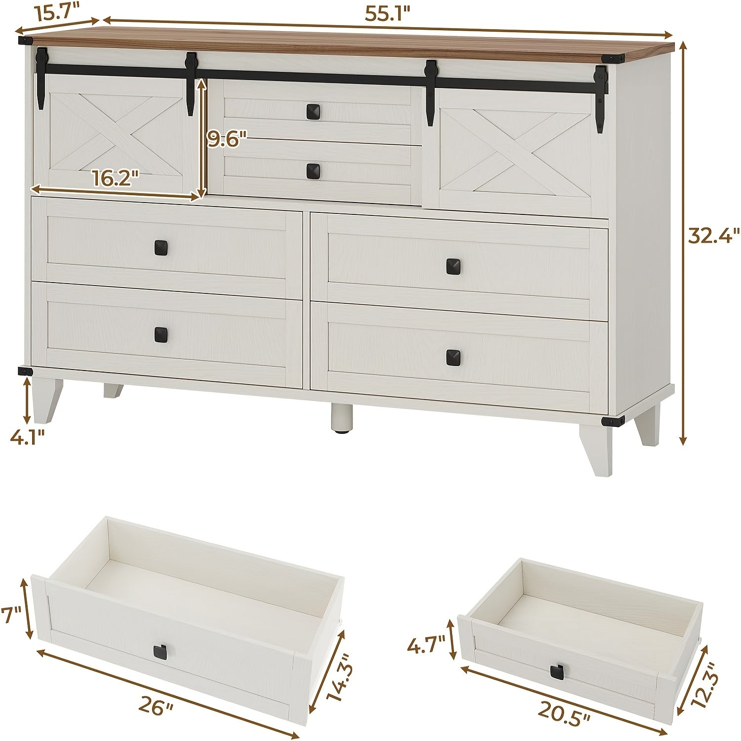 Charming Farmhouse 6-Drawer Dresser with Sliding Barn Doors - Versatile White Chest of Drawers with X-Shaped Metal Frame, Ideal for Bedroom or Living Room Storage, Easy Assembly