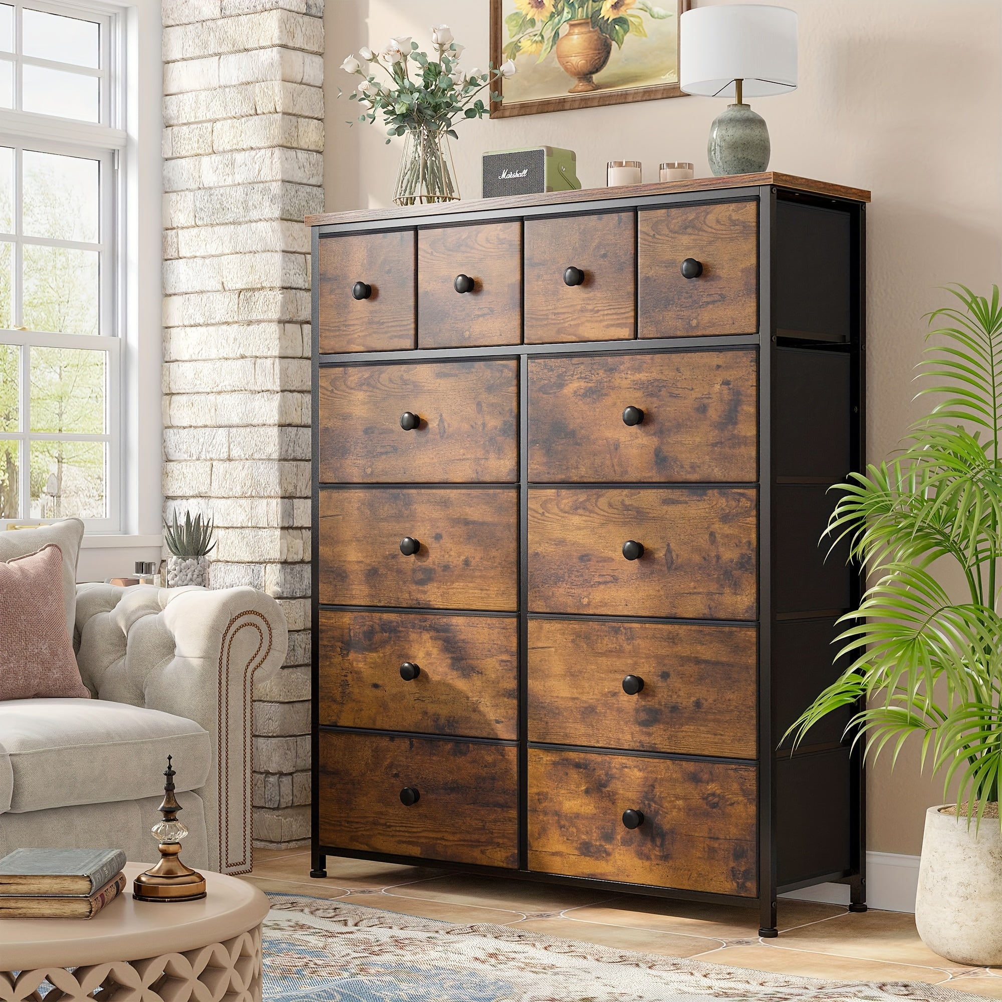 Dresser, 12 Drawer Dresser For Bedroom Fabric Dressers & Chests Of Drawers For Bedroom, Living Room, Wood Top Metal Frame, Rustic Brown