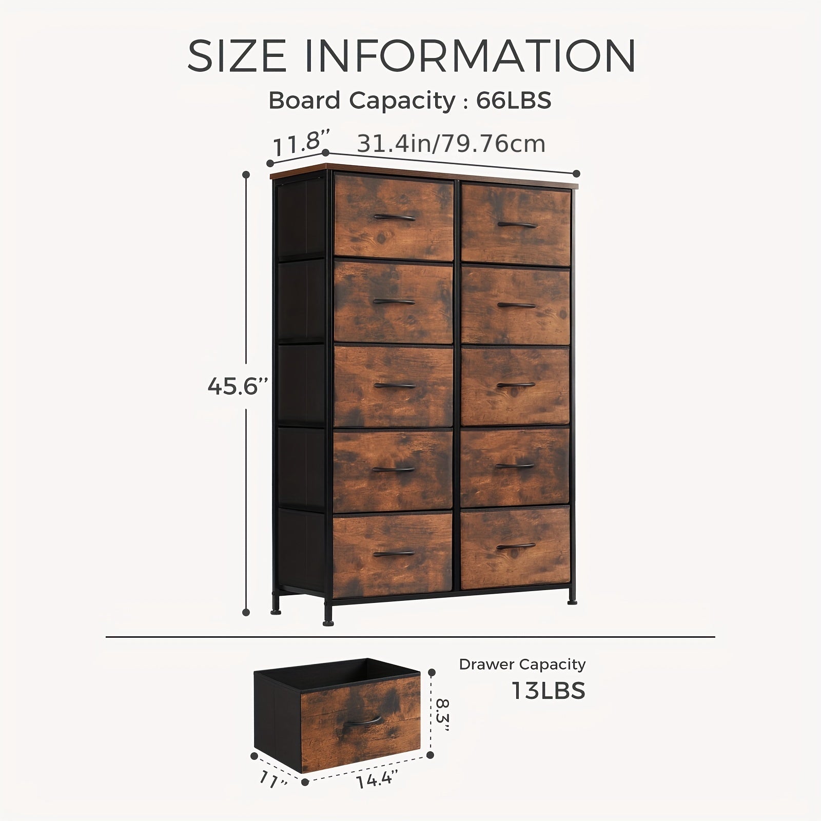 Tall Storage Drawers, Dresser for Bedroom, Fabric Storage Tower with 10 Drawers, Chest of Drawers with Fabric Bins, Sturdy Metal Frame, Wood Tabletop for Room, Closet, Entryway