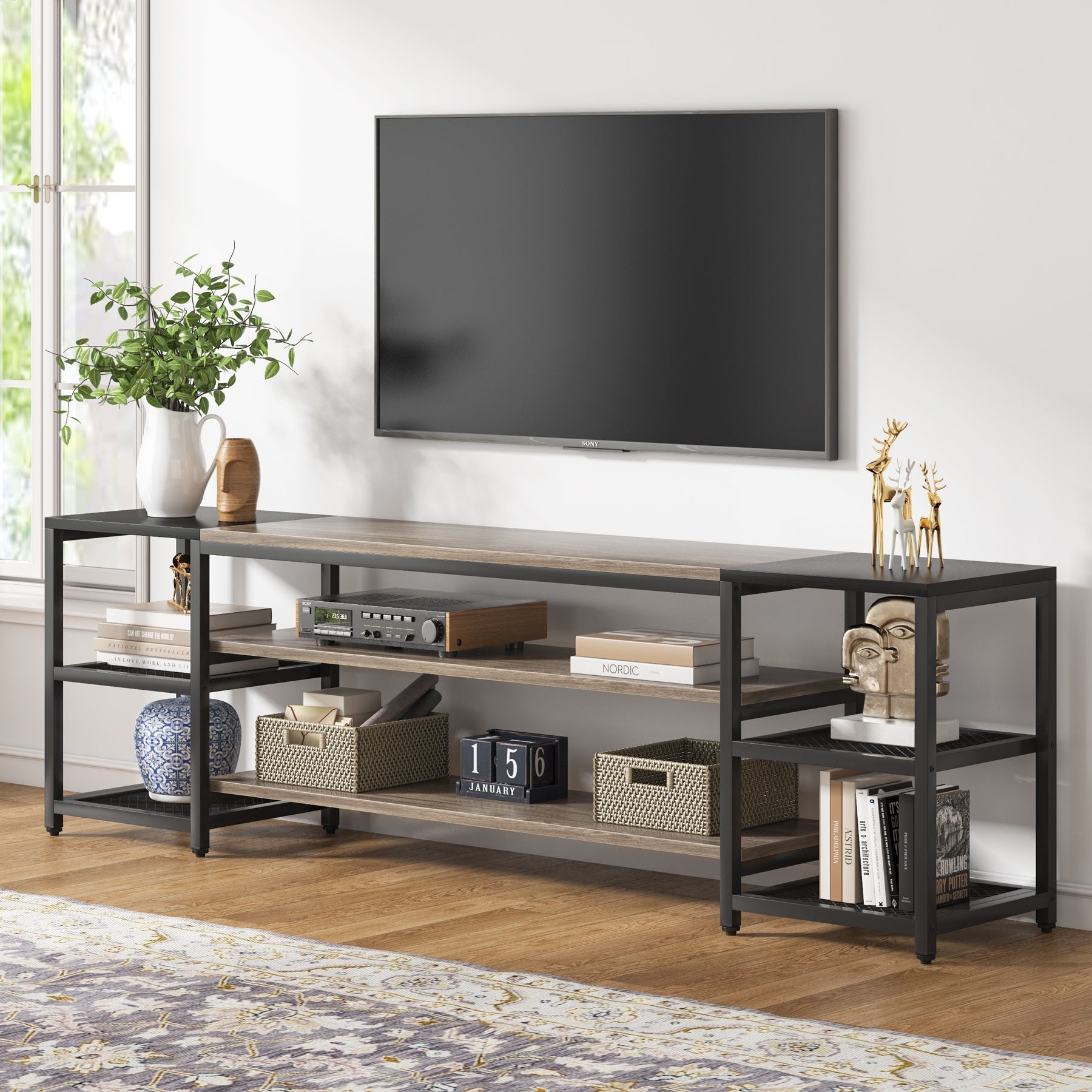 200cm TV Stand for TVs up to 85 Inch, Media Entertainment Center Console Table, Industrial 3-Tier TV Console Table with Storage Shelves for Living Room, Entertainment Room