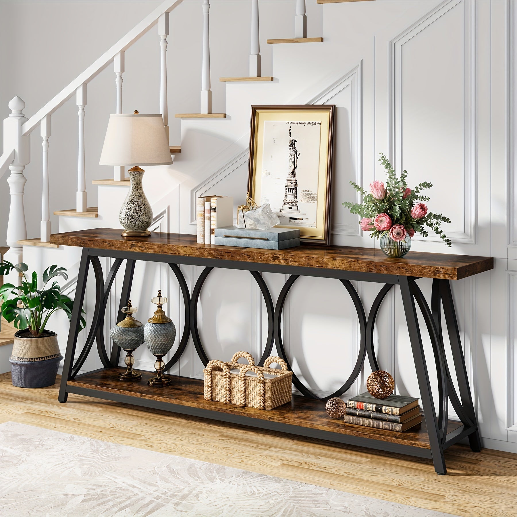 180 cm Extra Long Console Table: Industrial Sofa Table with 2-Tier Storage Shelf for Behind Couch, Narrow Entryway Hallway Accent Table for Living Room