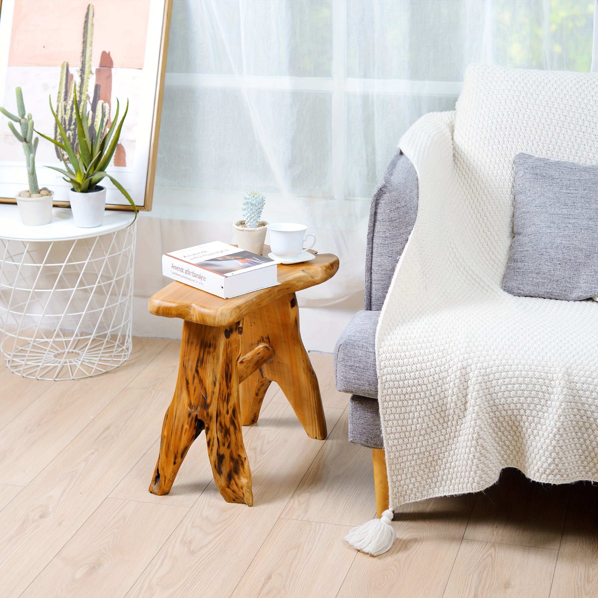 1pc Unique Tree Stump-Inspired Wooden Side Table & Plant Stand - Handcrafted Cedar Stool with Natural Wood Grain, Durable & Ready to Use, Ideal for Living Room, Bedroom, Patio - Indoor/Outdoor Versatility